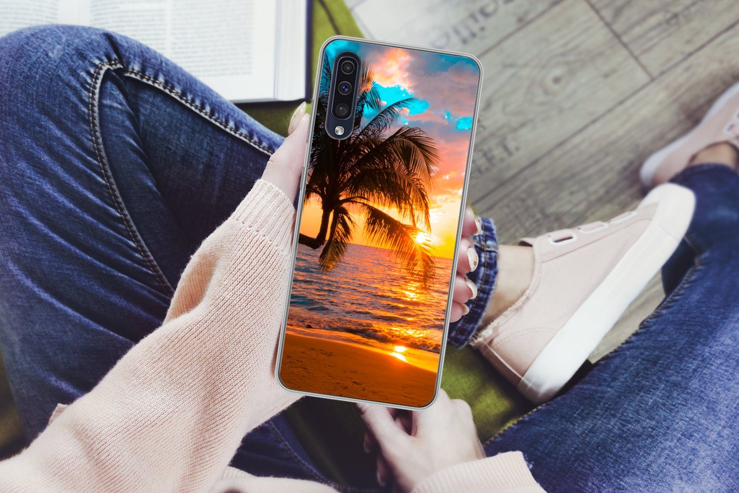 MuchoWow Handyhülle für Samsung Galaxy A30s Palme - Sonnenuntergang - Horizont - Strand -, Smartphone-Bumper, Print, Handy Schutzhülle Dünn