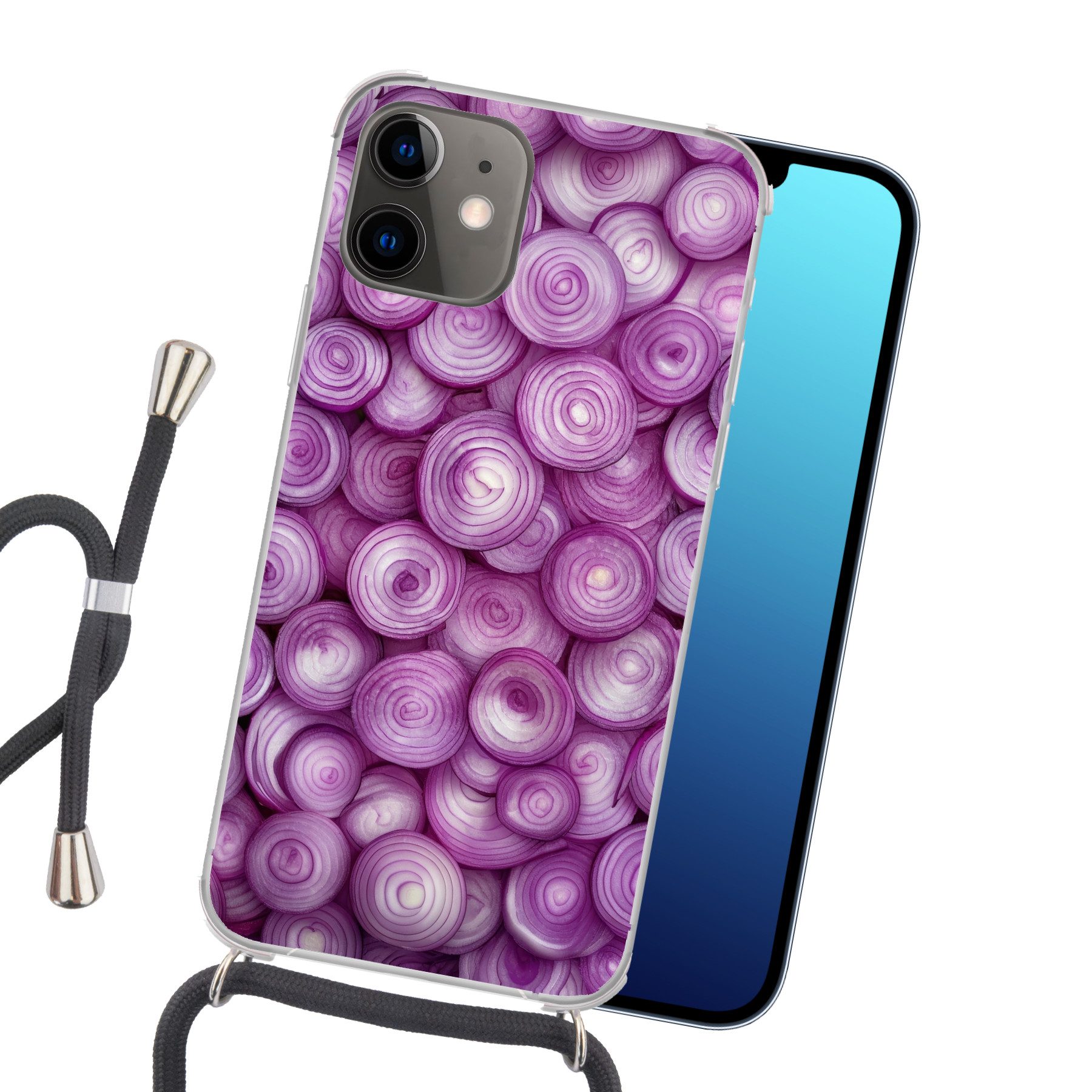 MuchoWow Handyhülle für Apple iPhone 12 Lila - Zwiebeln - Nahaufnahme, Tragbare Handyhüllen mit Kette zum umhängen, Handykette Handyband