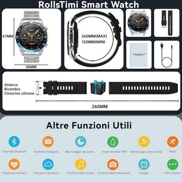 RollsTimi Herren mit Telefonfunktion HD Fitness Tracker Smartwatch (1,43 Zoll, Android iOS), Schlaf-Pulsmesser107 Trainingsmodi IP68 Wasserdichter Activity Tracker