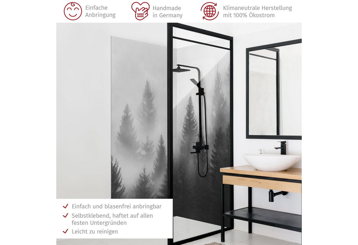 Thumbnail - Bilderdepot24 Badrückwand Wald schwarz weiß Badrückwand ohne Bohren Dusche Natur, (2-tlg., Hart-Folie Premium matt 0,61 ...