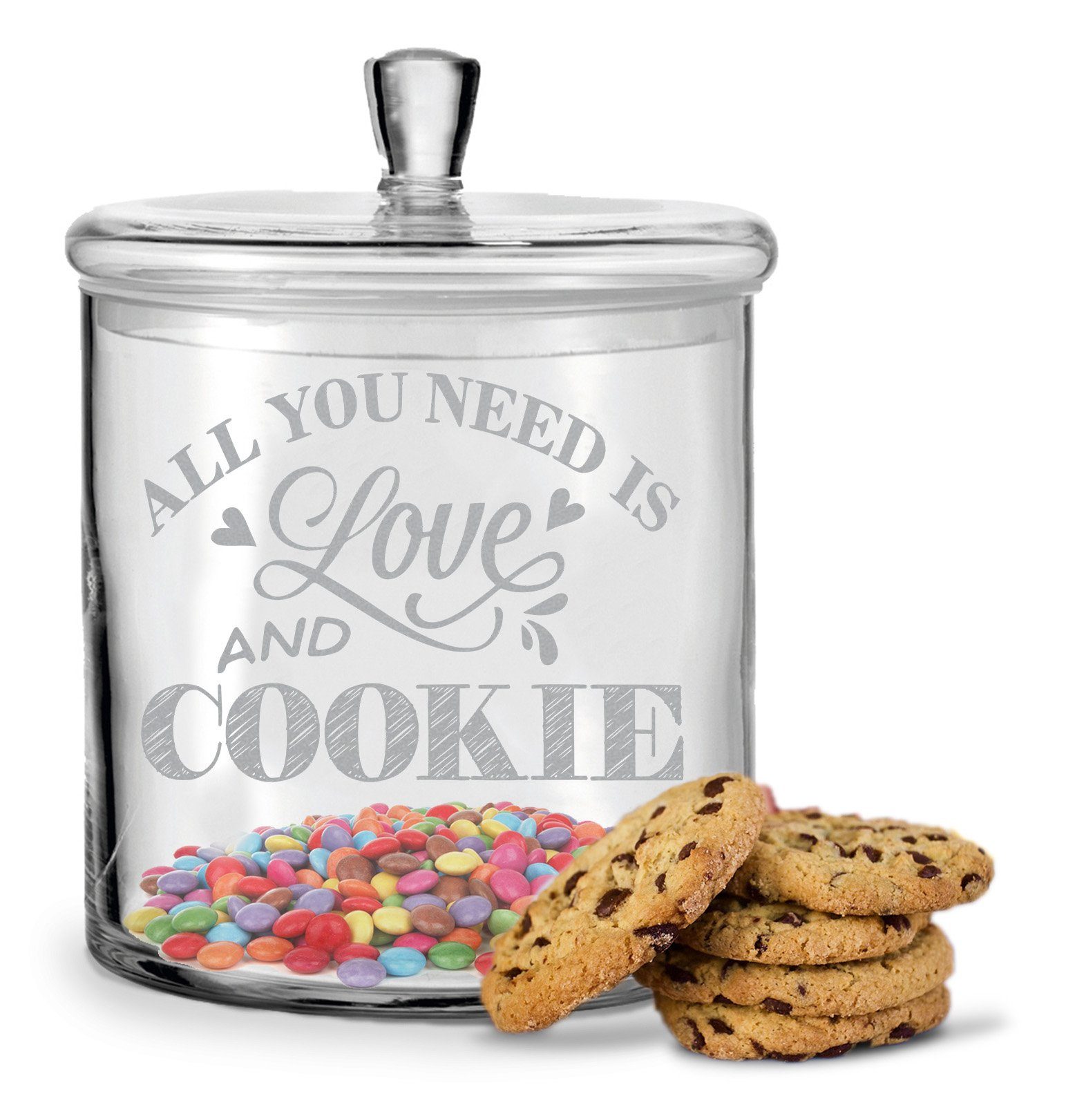 GRAVURZEILE Keksdose mit Gravur - All You Need is Love and Cookie - Keksdose mit Deckel, Glas, Handgefertigte Glasdose mit Deckel für Partner, Freunde & Familie