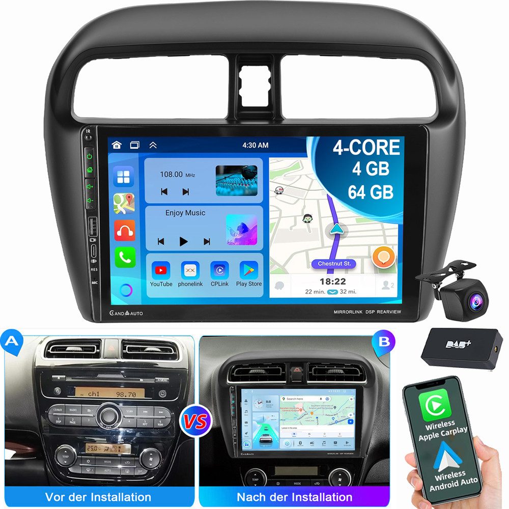 ESSGOO 9" Autoradio Für Mitsubishi Mirage Space Star Navi Carplay Autoradio (RDS, Digitalradio (DAB), FM, AM)