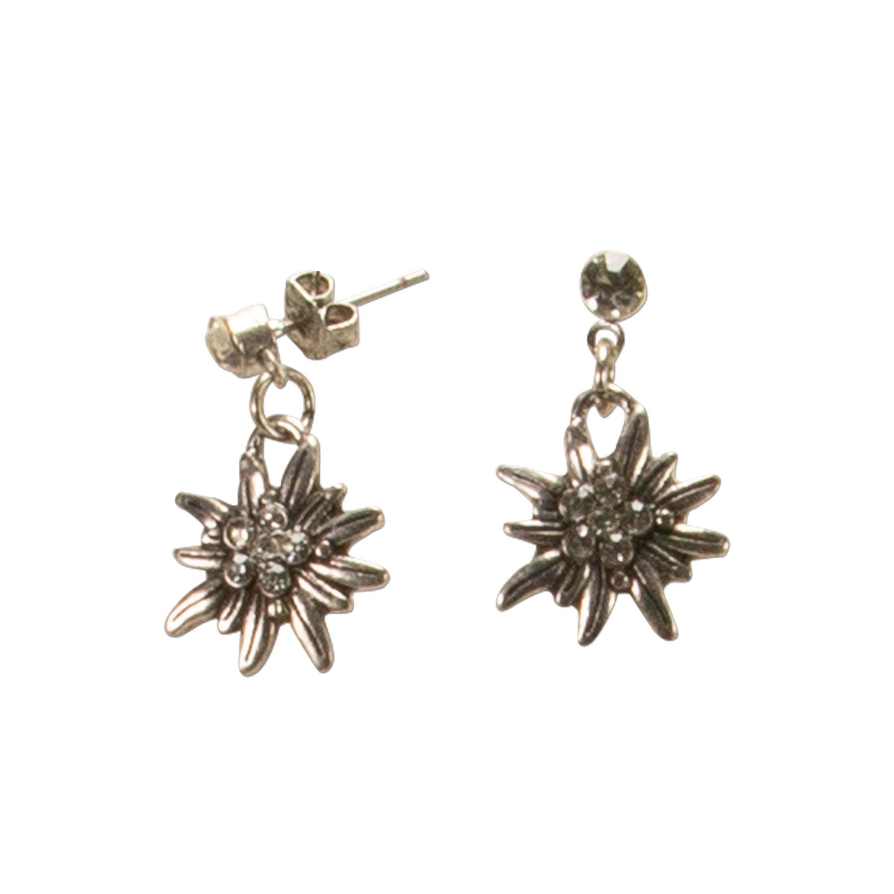 Alpenflüstern Ketten-Set Trachtenschmuck-Set Trachten-Samt-Kropfband und Ohrstecker Strass-Edelweiß mini (grau), - Damen-Trachten-Schmuck, Trachtenset Trachtenkette und Trachten-Ohrringe