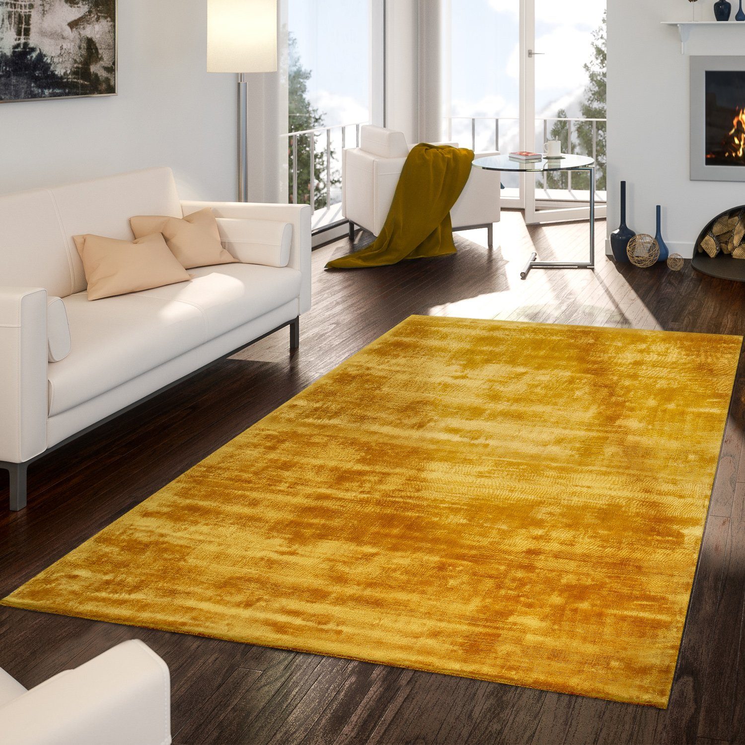 Teppich Handgetuftet Modern Qualität Edel Uni TT rechteckig, Viskose Home, Schimmer mm Garn Gelb, Höhe: Glanz 13