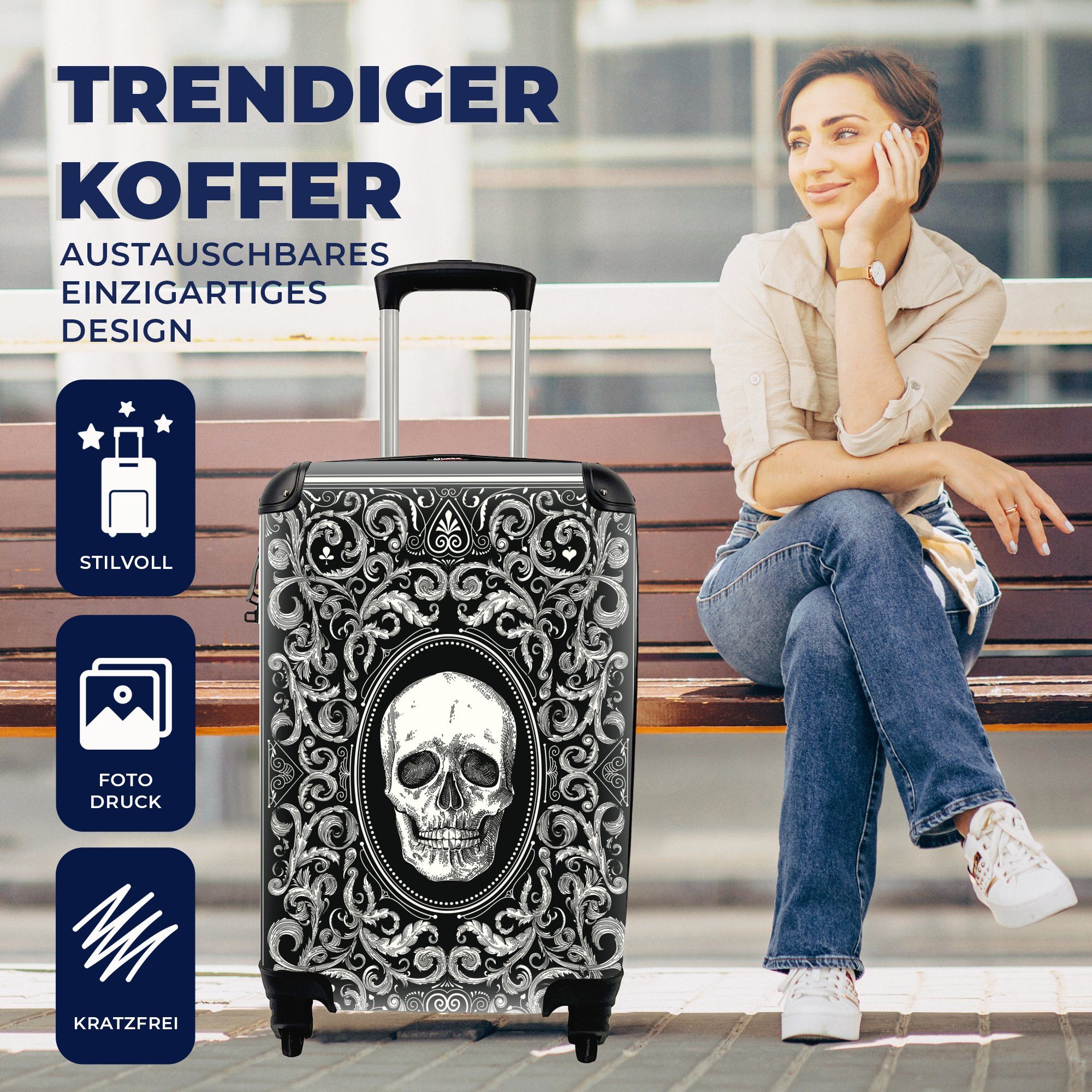 Reisekoffer einem mit Reisetasche für 4 rollen, Handgepäckkoffer Rollen, MuchoWow mit Trolley, Eine Ferien, Totenkopf, Spielkartenillustration Handgepäck