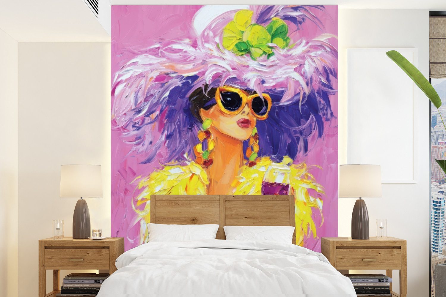 MuchoWow Fototapete Sonnenbrille - Frau - Mantel - Federn, Matt, bedruckt, Wallpaper für Wohnzimmer, Schlafzimmer, Vinyl Tapete, 165x220 cm