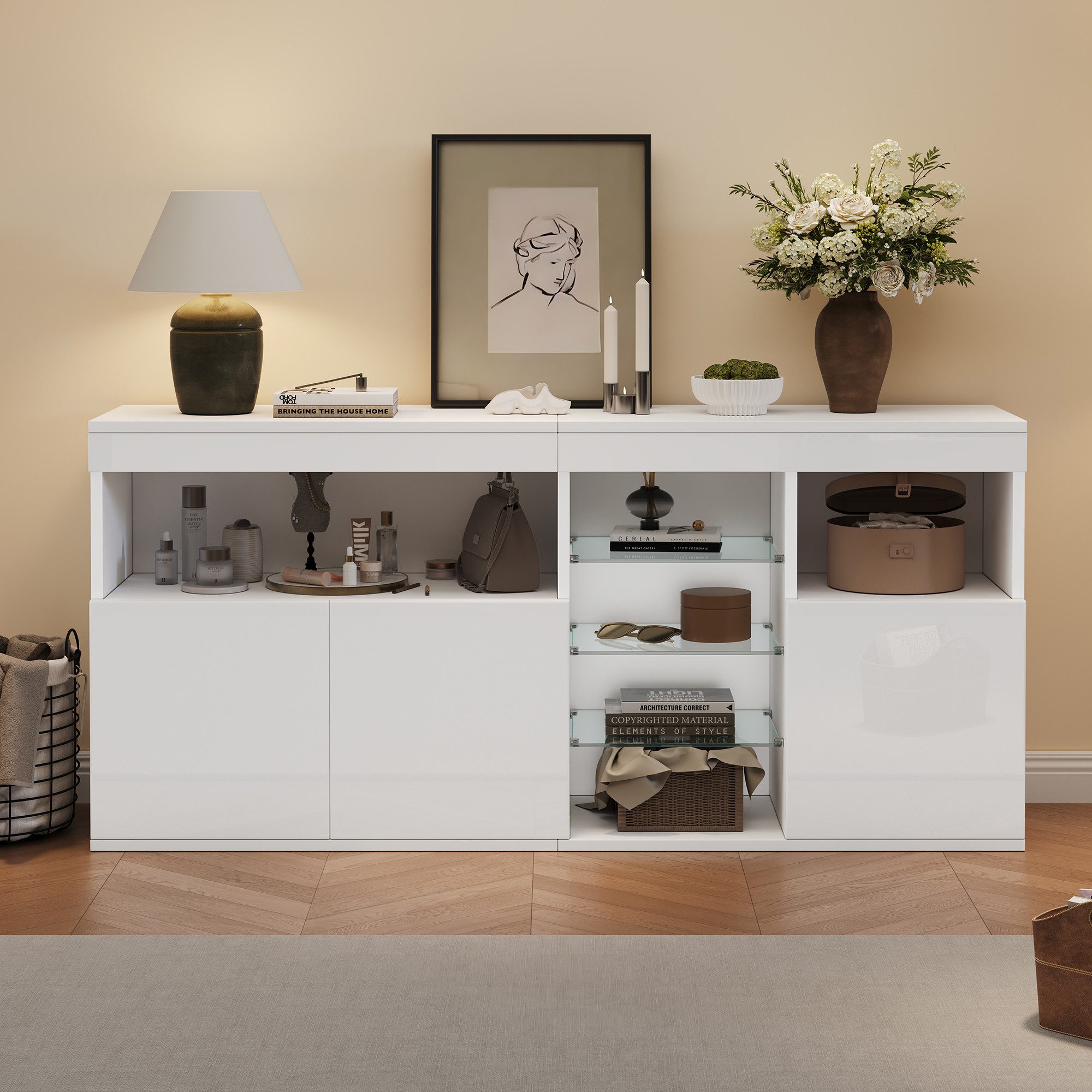 Merax Sideboard Hochglanz Anrichte mit LED-Beleuchtung inkl.APP (155,5 x 35 x 72 cm, 1 St), Kommode mit 3 Türen & Glasböden, Wohnzimmerschrank, Buffetschrank