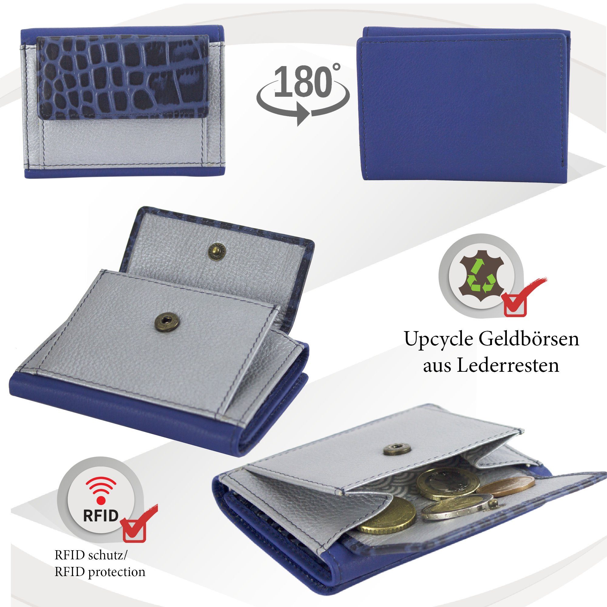 Sunsa Mini Geldbörse klein Unisex Geldbeutel Geldbörse Mini Leder, RFID-Schutz, Leder Portemonnaie echt Lederresten, aus mit Brieftasche, blau/silber recycelten