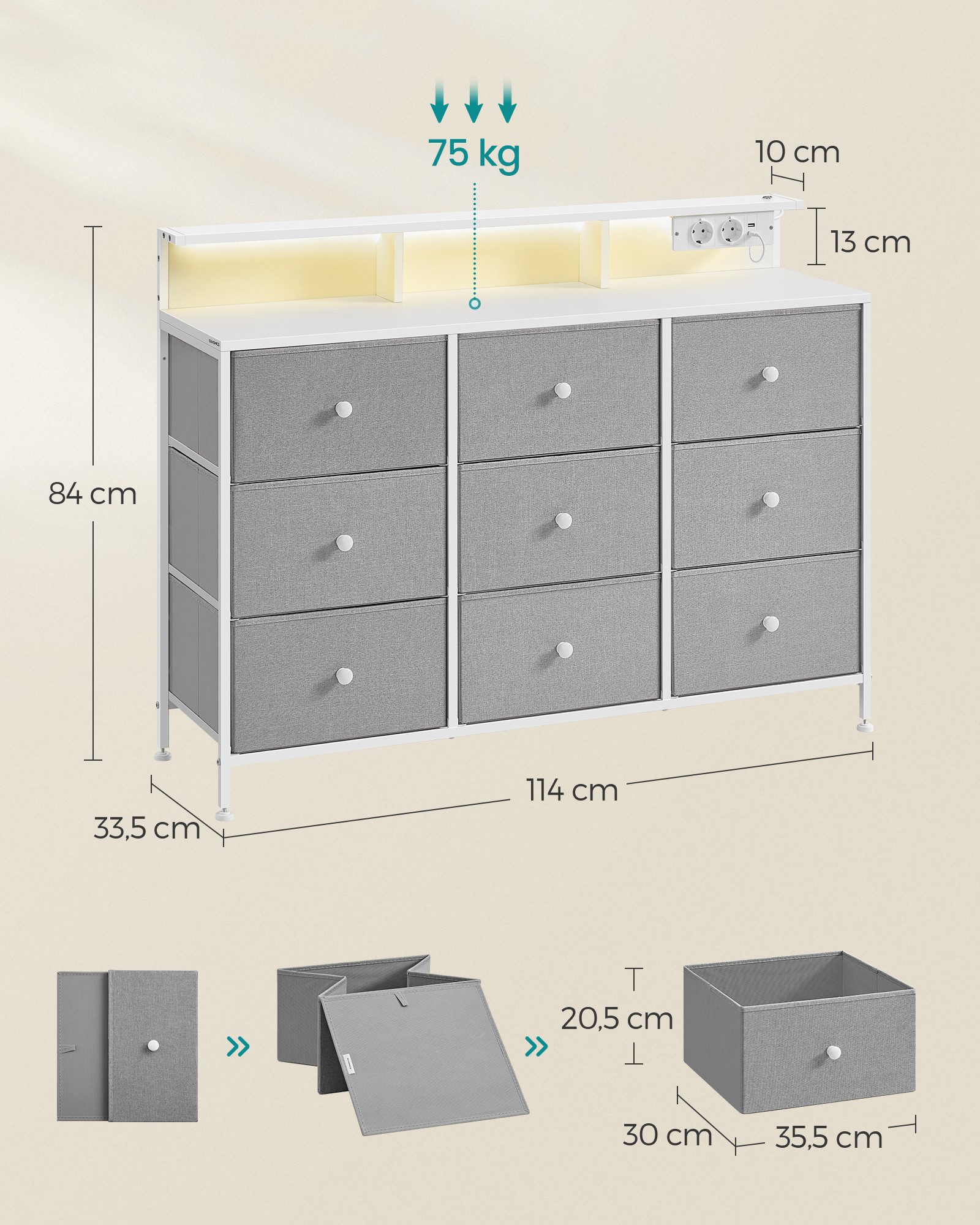 SONGMICS Kommode Aufbewahrungsschrank mit 9 Schubladen und LED-Beleuchtung, Steckdosenleiste, Stahlrahmen, 33,5 x 114 x 84 cm – Bild 5 von 5