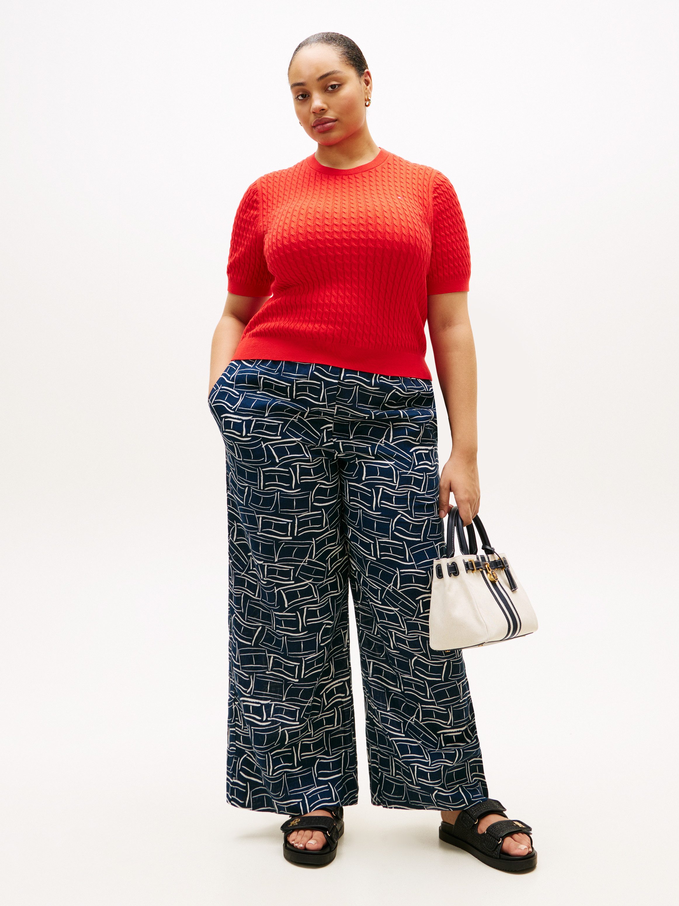 Tommy Hilfiger Curve Rundhalspullover CRV CO CABLE FINE GG CNK S/S SWT in großen Größen, mit Zopfmuster