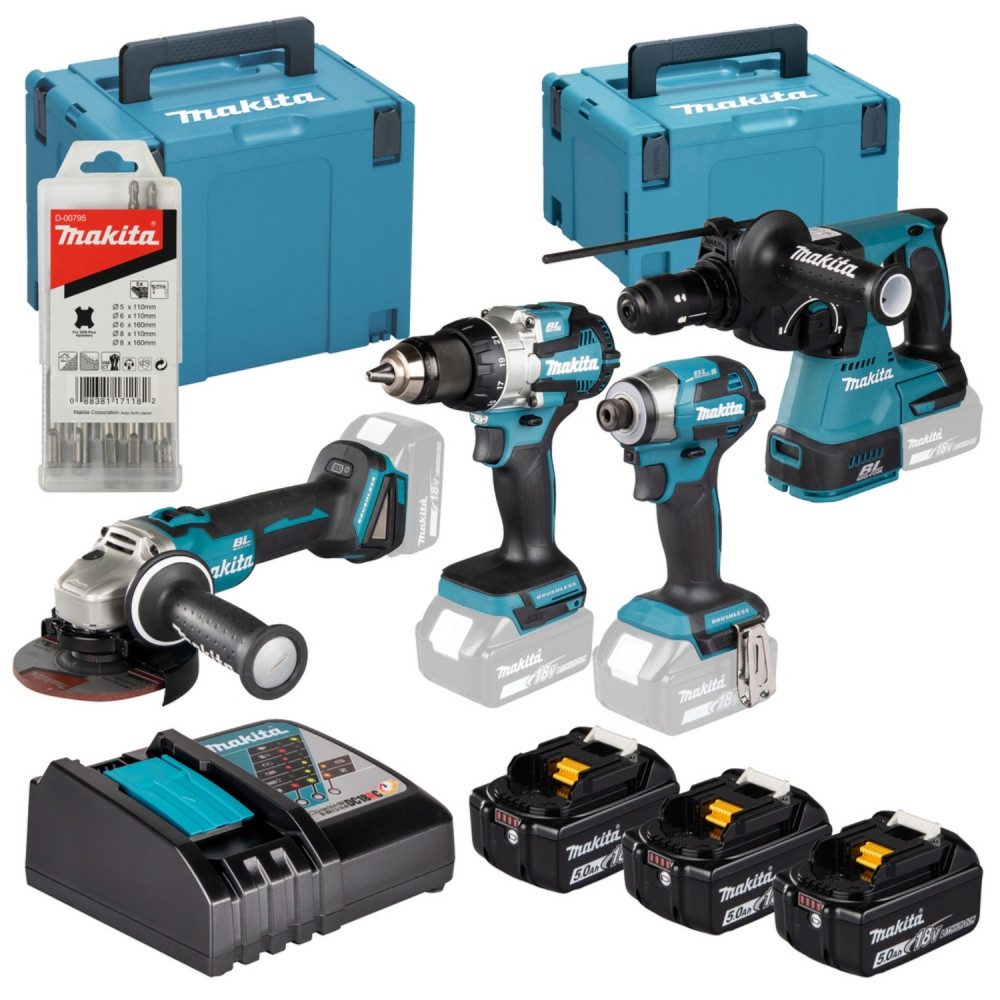 Makita Akku-Schlagbohrschrauber DLX4196JX1 Kombi-Kit LXT Werkzeugset inkl. 3 Akkus & Schnellladegerät