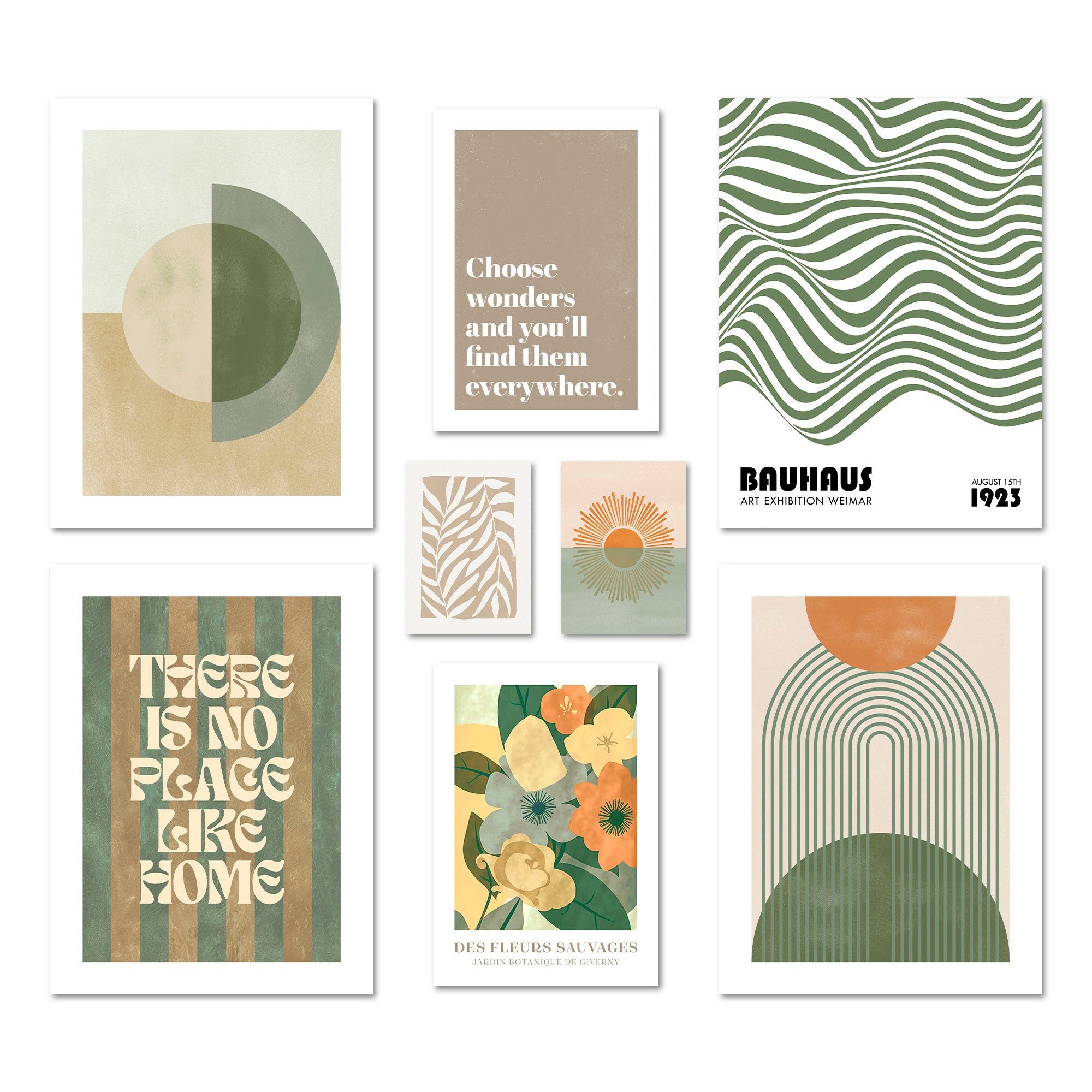 ARTFAVES Bilder-Collage Poster Set Green Mid Century I mehrteilige Bilderwand I Wandbilder Grü, (Wandbilder modern, 8 St)