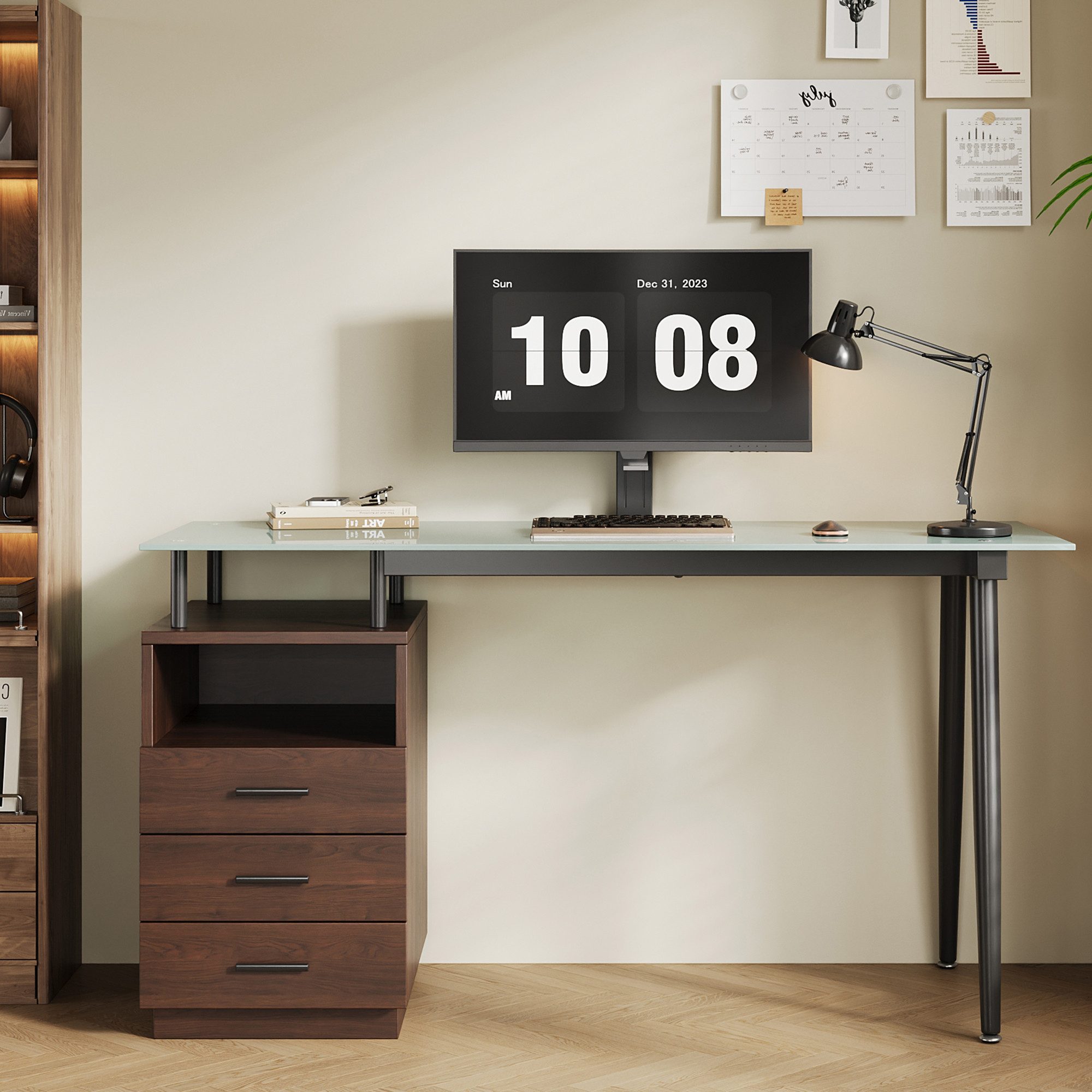 Merax Schreibtisch Moderner Computertisch 130x50x75cm, mit 3 Schubladen (1-St., Glasplatte gehärtet, Stahlrohrgestell, offenes Ablagefach), minimalistisch