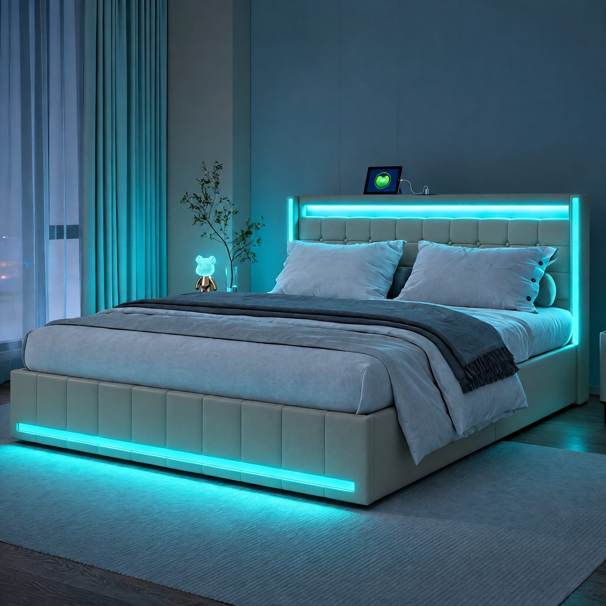 Furnishings Home Polsterbett LED Doppelbett Stauraumbett mit Kopfteil und 4 Schubladen (Leinenmaterial Polsterbett mit RGB Beleuchtung), mit Lattenrost und Ladefunktion, mit Komforthöhe, Leises Design Bett