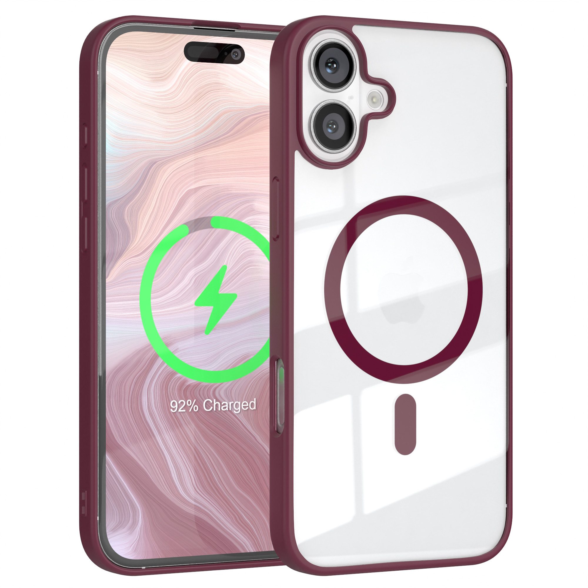 EAZY CASE Handyhülle Transparente Hülle mit MagSafe für iPhone 16 Plus 6,7 Zoll, Back Cover Slimcover mit Displayschutz, Magsafefunktion, Bumper, Beere