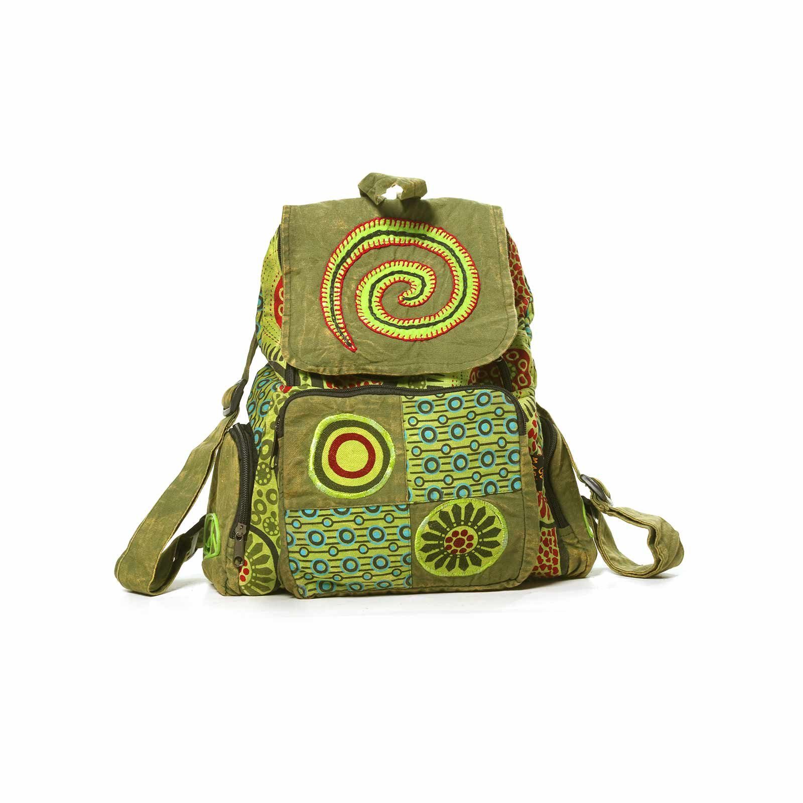 Grün Rucksack Stonewashed und Rucksack Hippie Fair Kunst UND Nepal Bunt "Spirale" KUNST MAGIE Magie