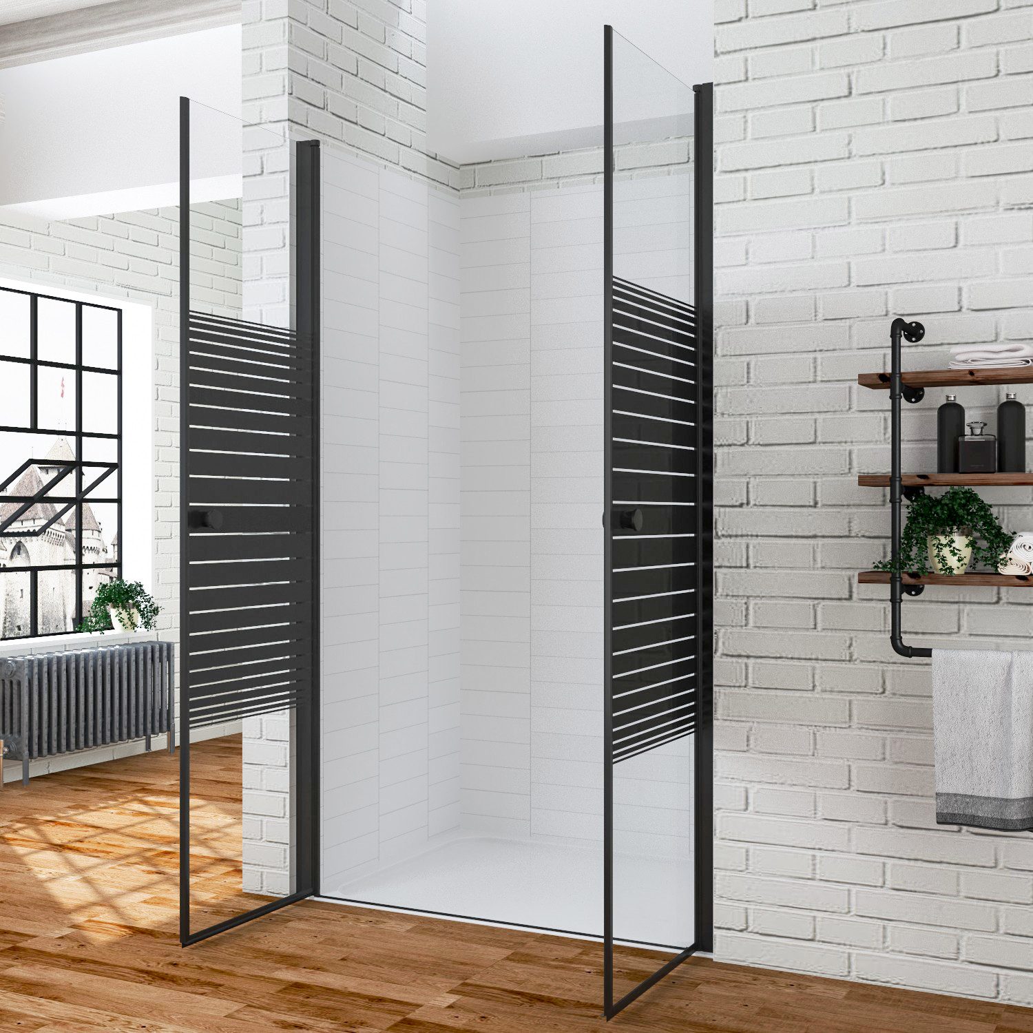 AQUALAVOS Dusch-Pendeltür Duschtür Nische Pendeltür Duschwand Schwingtür mit Dekor Querstreifen, 80x197 cm, 6 mm Nano Einscheiben-Sicherheitsglas, barrierefrei einbaubar, Türöffnung: Tür öffnet nach innen oder außen