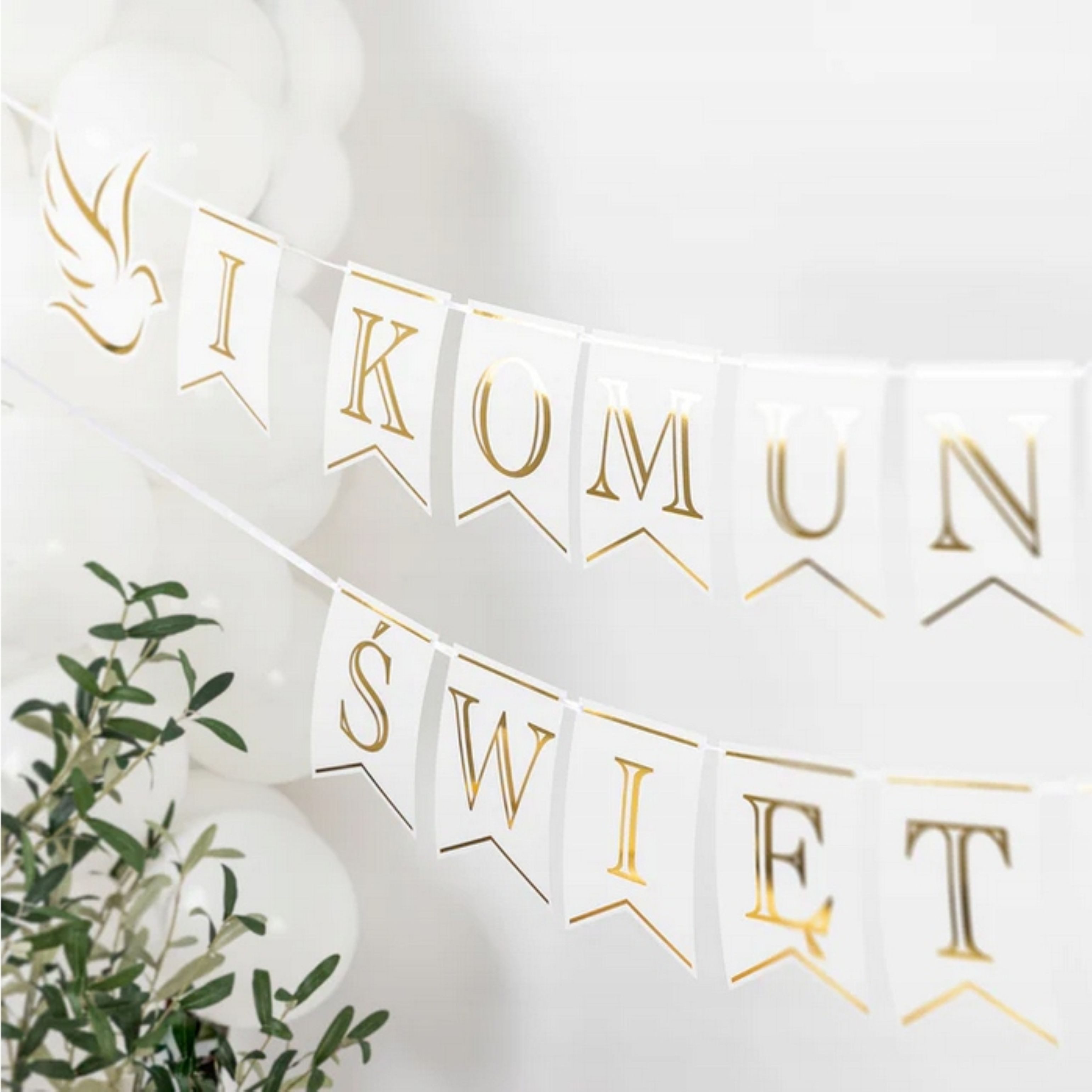 PartyPro Kommunionskarte Elegante Kommunionsgirlande, 250 cm, gold-weiß, mit Tauben-Deko