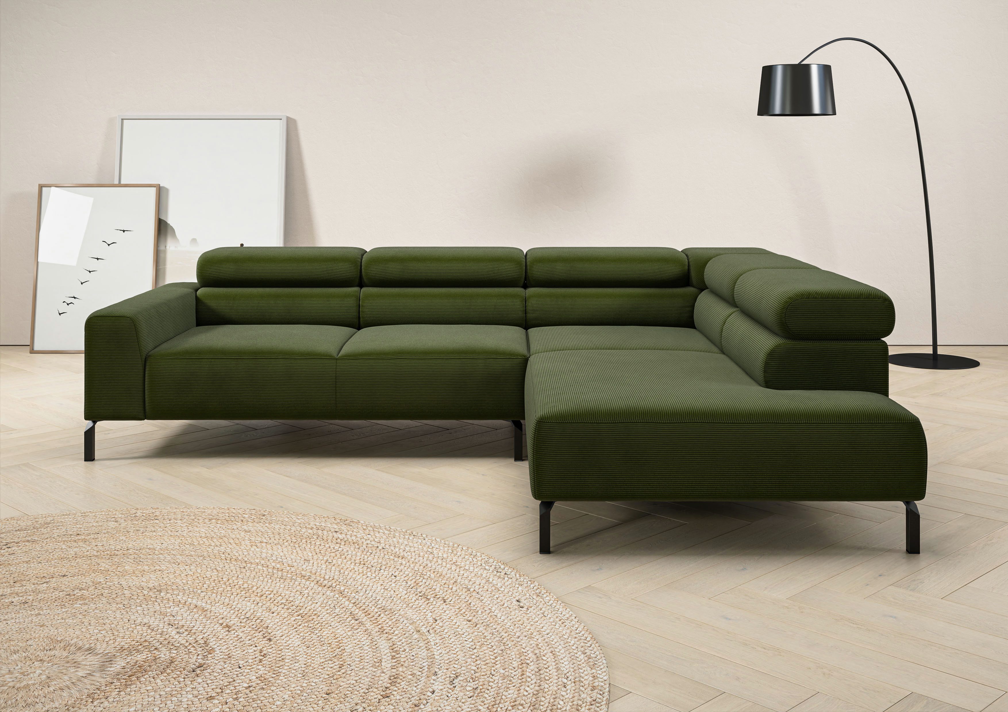 Home affaire Ecksofa Antonelli, L-Form, inkl. Kopfteilverstellung, Breite 276 cm, ohne Sitztiefenverstellung, in Feincord, moos