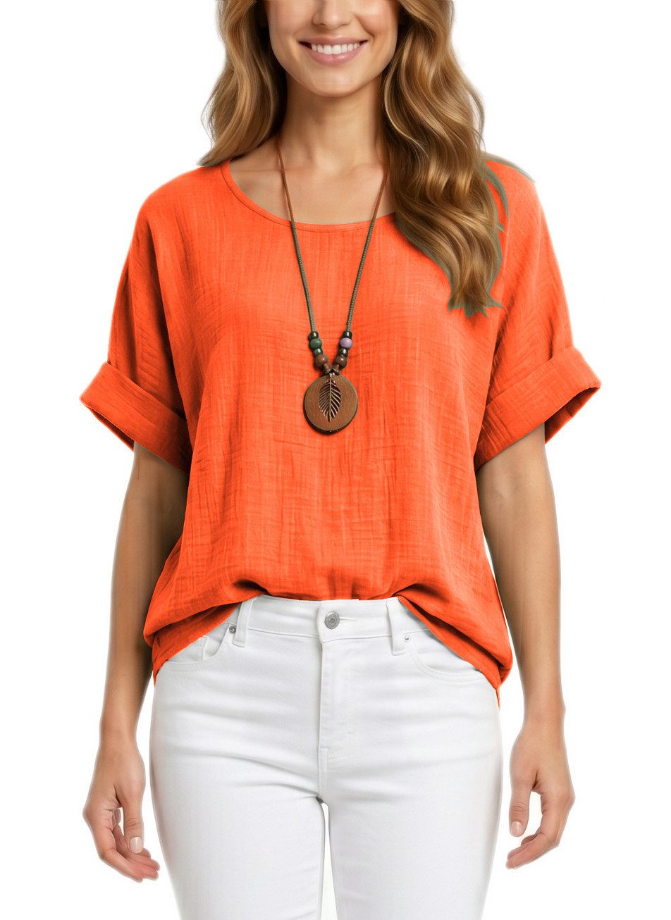 dy_mode Kurzarmbluse Damen Kurzarm Bluse Leichte Sommer Tunika Baumwollbluse Oberteil in Unifarbe, mit passende Kette