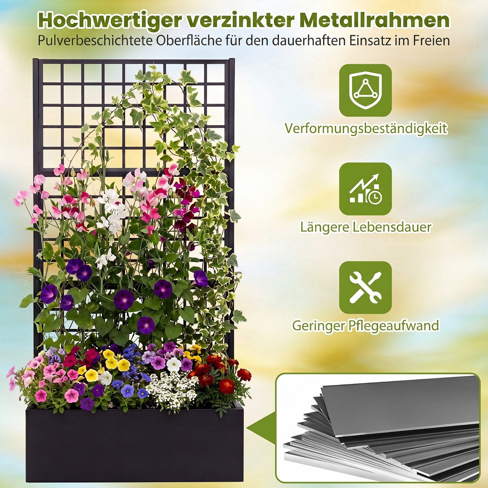 COSTWAY Blumenkasten, Pflanzkübel aus verzinktem Stahl mit 2 Abflusslöchern