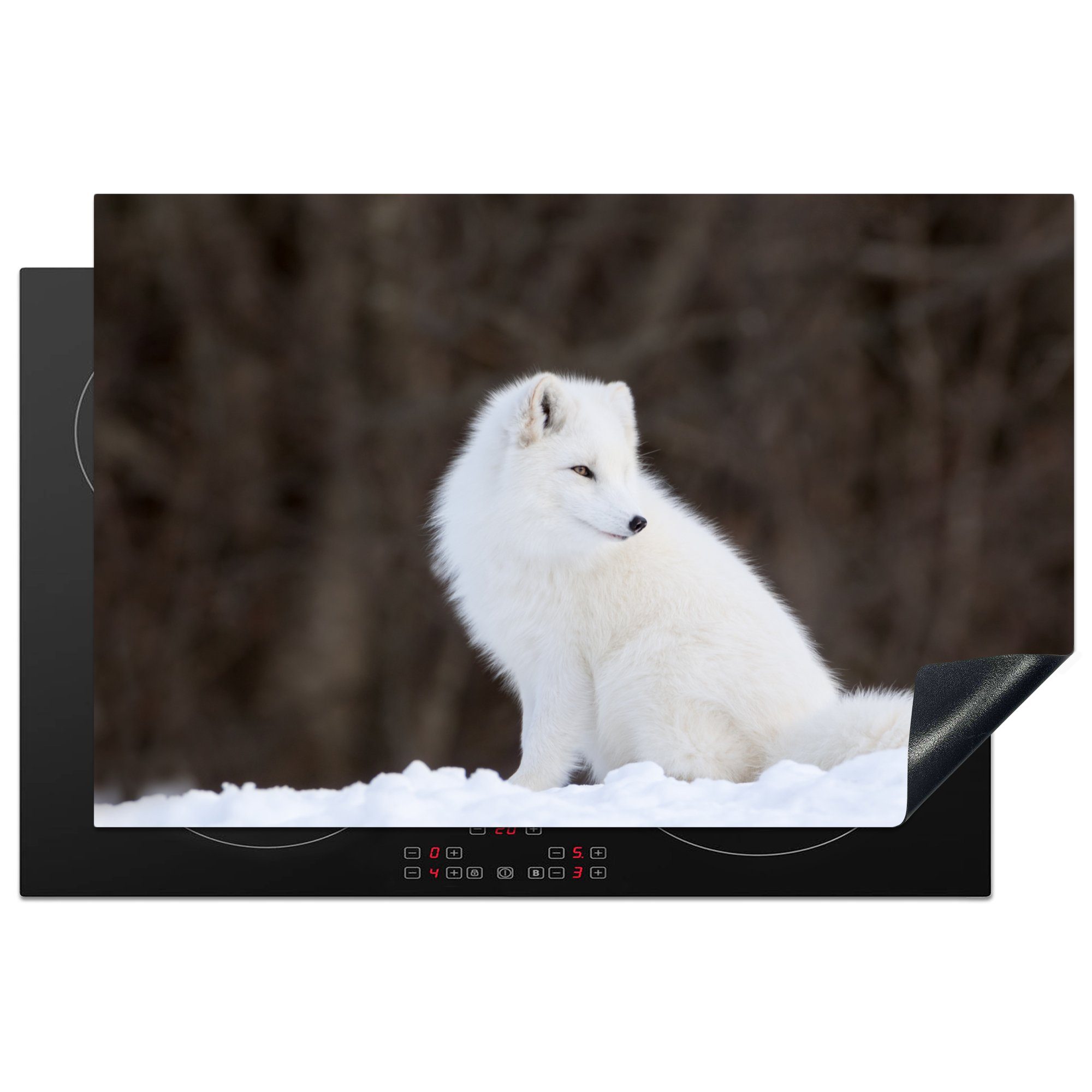 MuchoWow Herdblende-/Abdeckplatte Polarfuchs Tiere, Schnee cm, die küche, Ceranfeldabdeckung (1 Schutz für Vinyl, - 81x52 - Induktionskochfeld tlg)