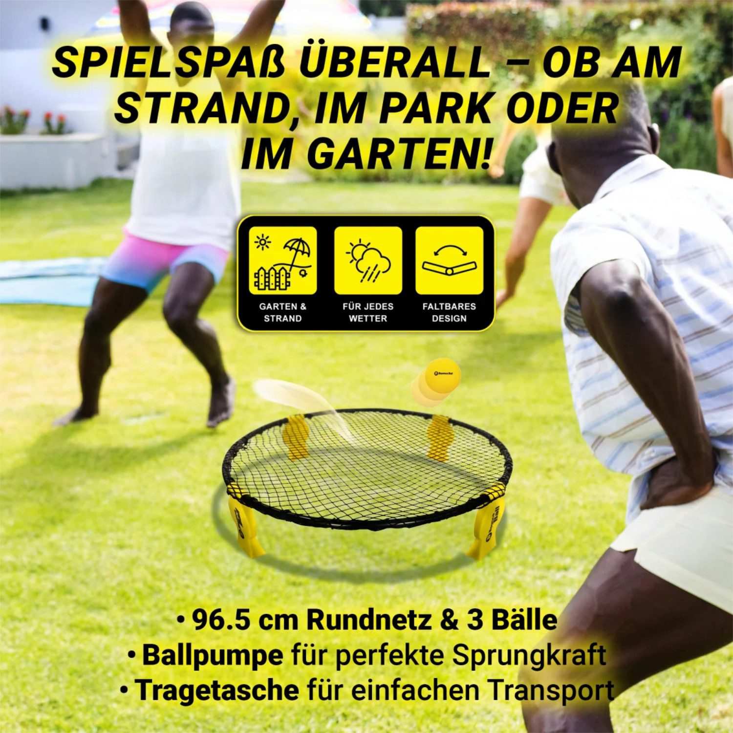 L.A. Sports Beachball Bounce Ball Deluxe Set inkl. Bälle (3er-Pack Bälle), mit faltbarem Rundnetz, Pumpe und Tragetasche