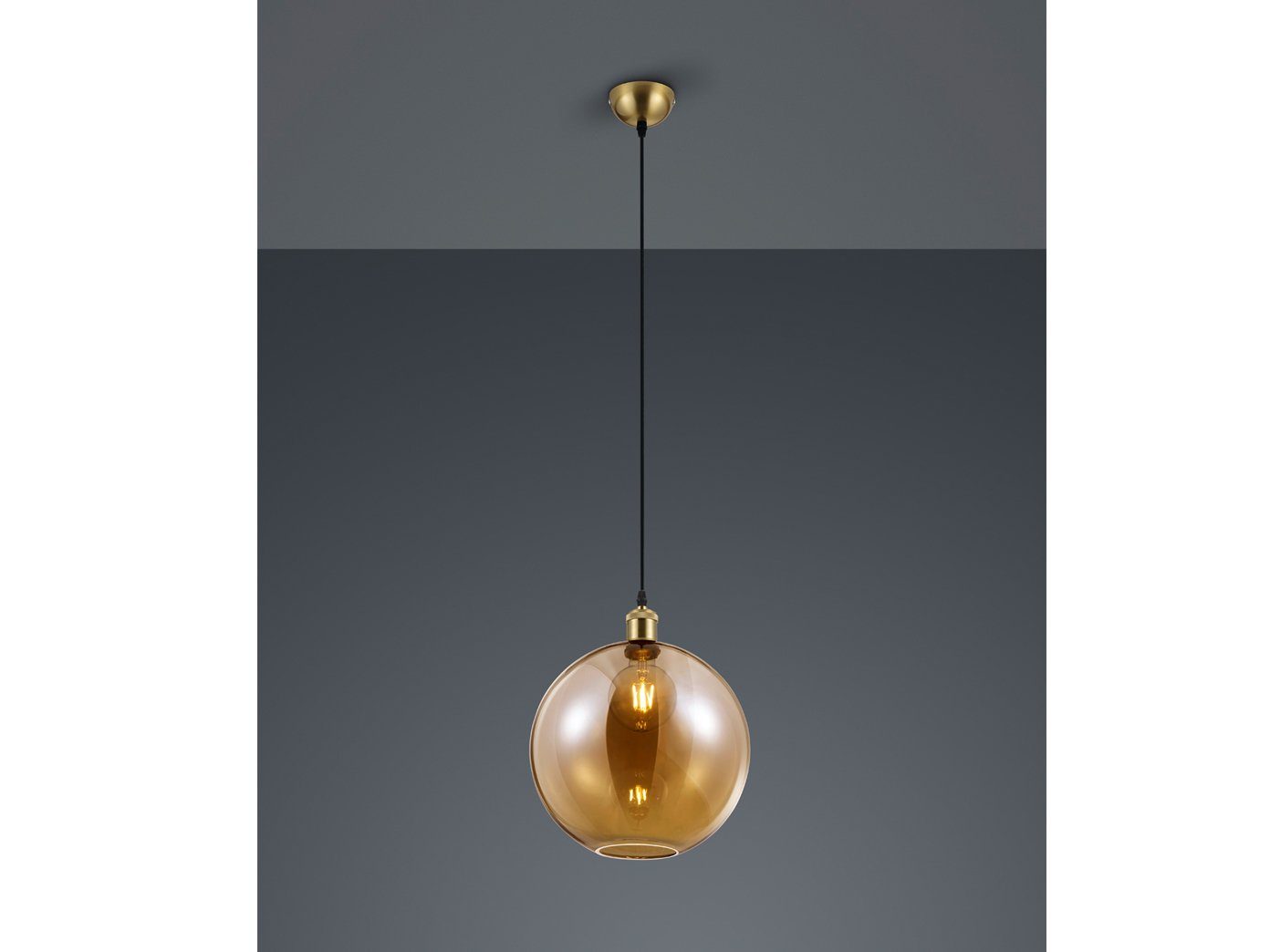 TRIO LED Pendelleuchte, Dimmfunktion, LED wechselbar, Warmweiß, Lampenschirm Glas-kugel einflammig hängend für über-n Esstisch, Ø30cm Amberfarben