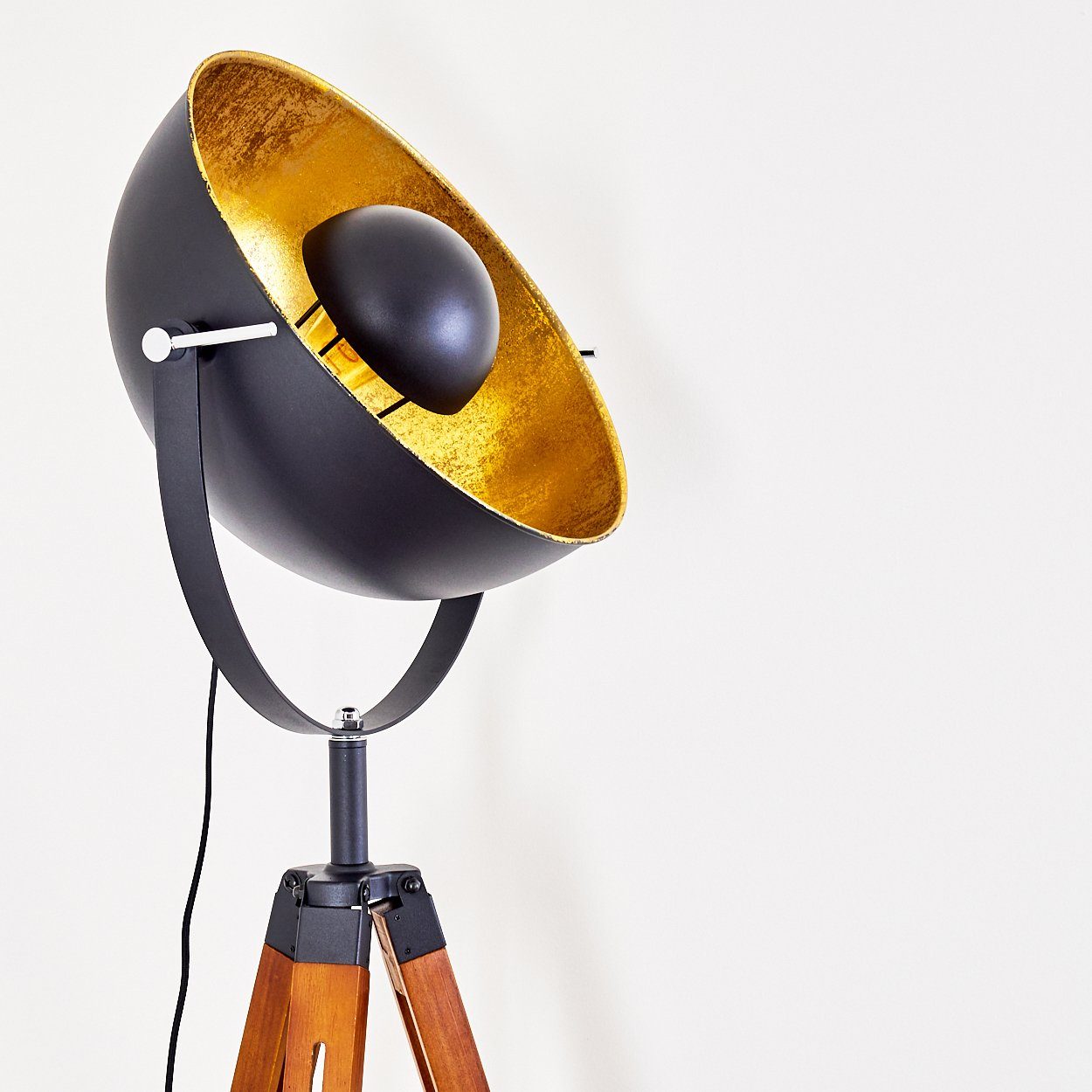 »Ghedi« hofstein in Weiß, Vintage Stehlampe Schwarz/Gold Holz Stehleuchte Ø45cm, aus ohne verstellbare Metall, Leuchtmittel, E27, Gestell in Bodenleuchte