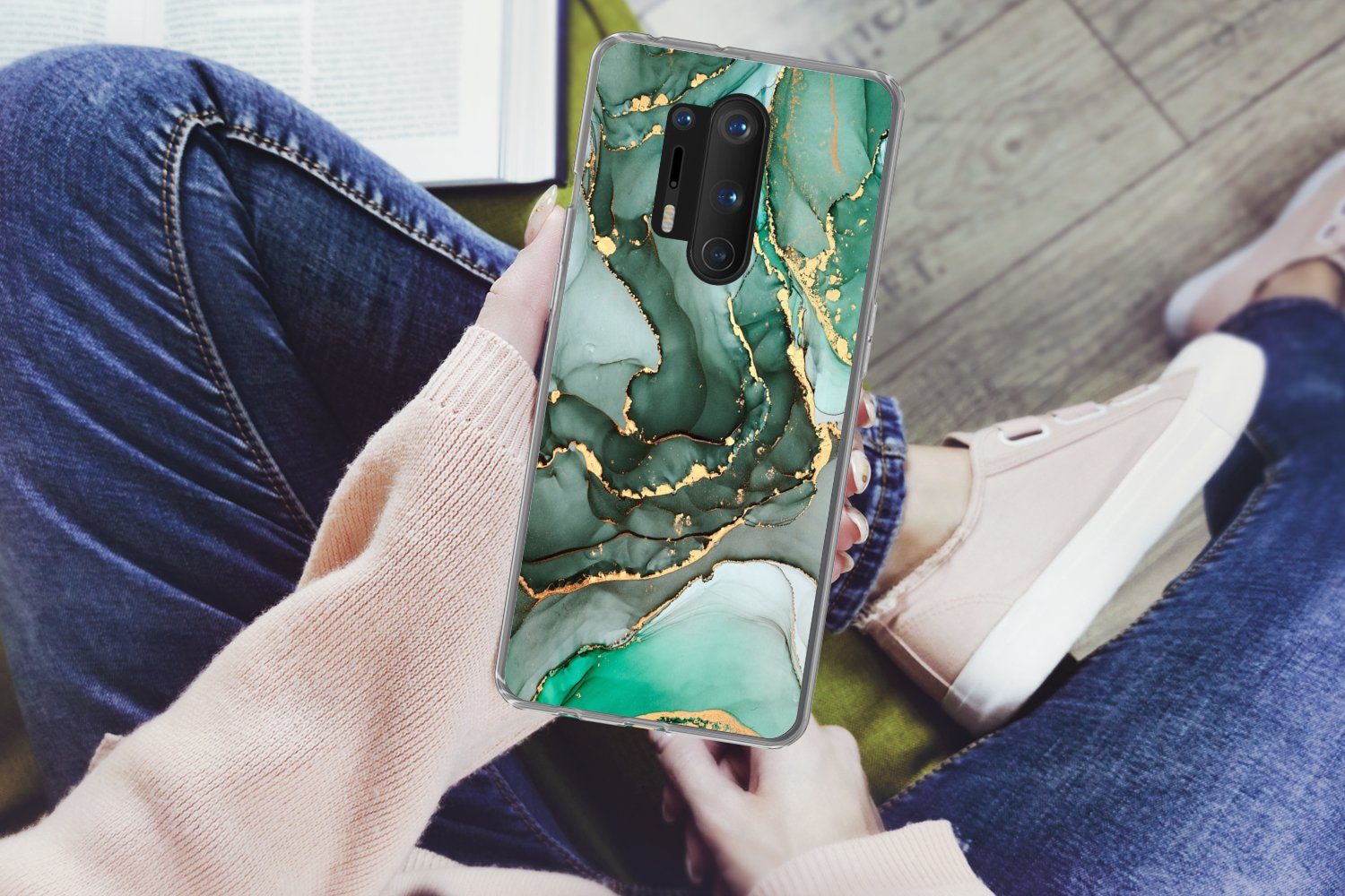 MuchoWow Handyhülle für OnePlus 8 Pro Gold - Marmor - Grün - Luxus - Marmoroptik - Grau, Phone Case, Silikon, Schutzhülle Dünn