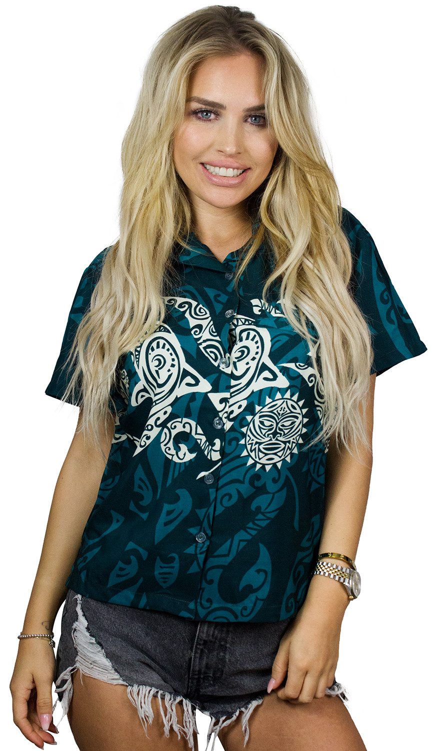 King Kameha Hawaiihemd Maori Chest Funky Hawaiibluse Damen Kurzarm Front-Tasche Stylish