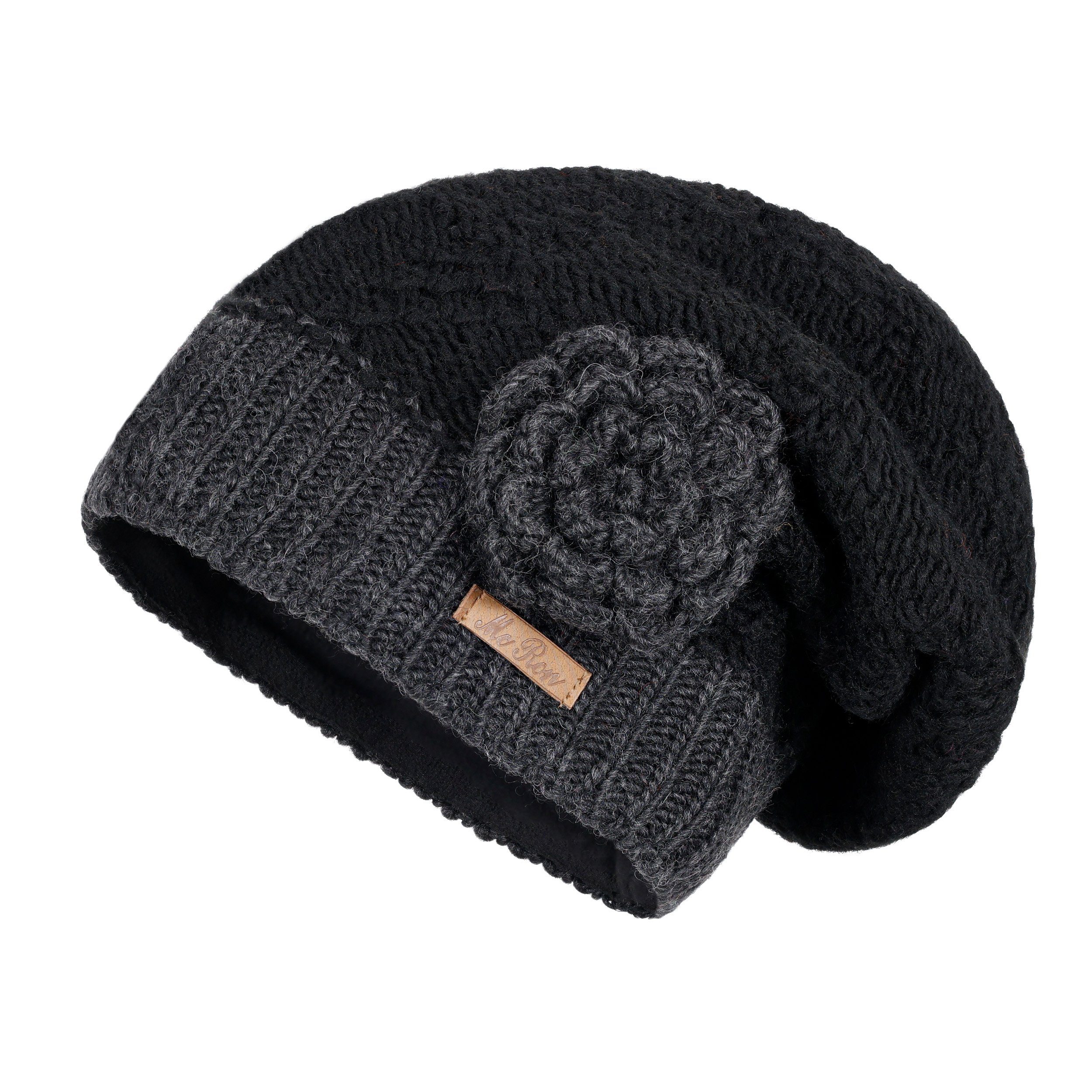 McRon Beanie Wollmütze mit Modell hoher Luna gefüttert Schwarz Schurwollanteil Fleece