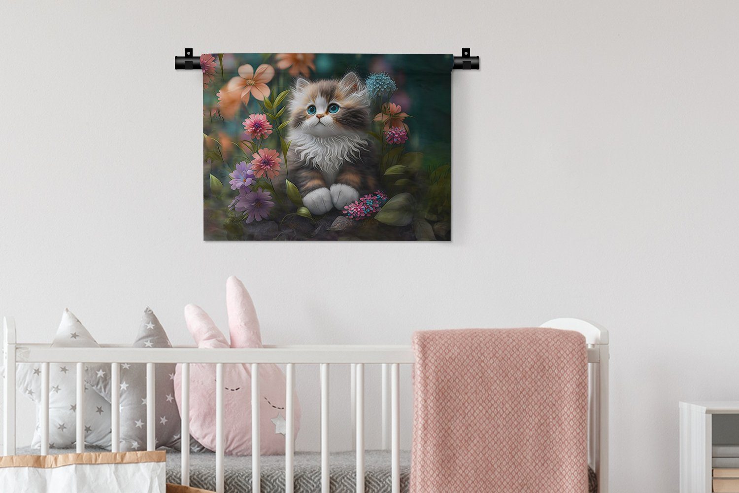 Wanddeko - Katze, Schlafzimmer, - Kinderzimmer Wanddekoobjekt MuchoWow - Wohnzimmer, Kleid, Blumen Illustration für Kätzchen Wandbehang, - Natur