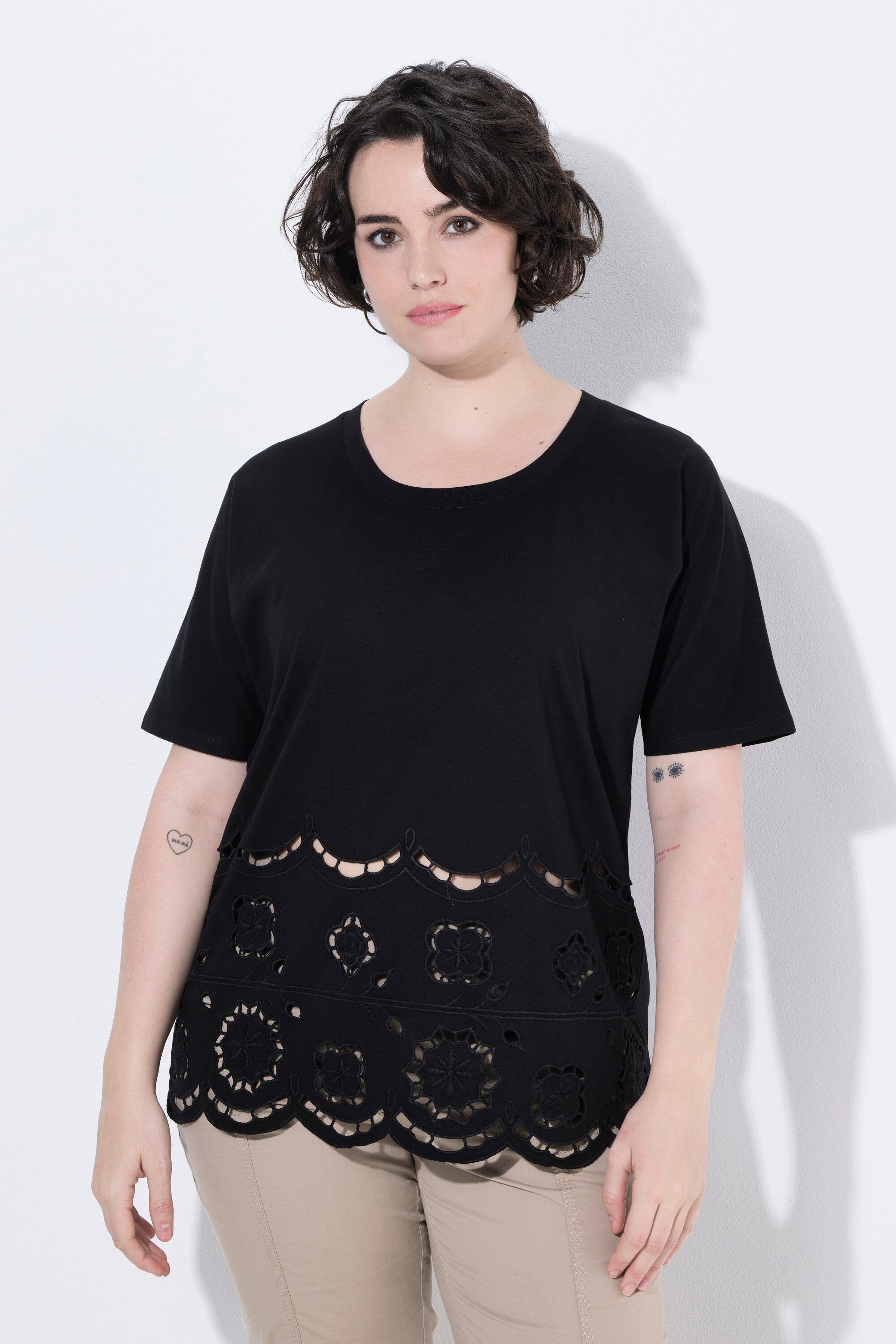 Ulla Popken T-Shirt T-Shirt Lochspitze Oversized Rundhals Halbarm