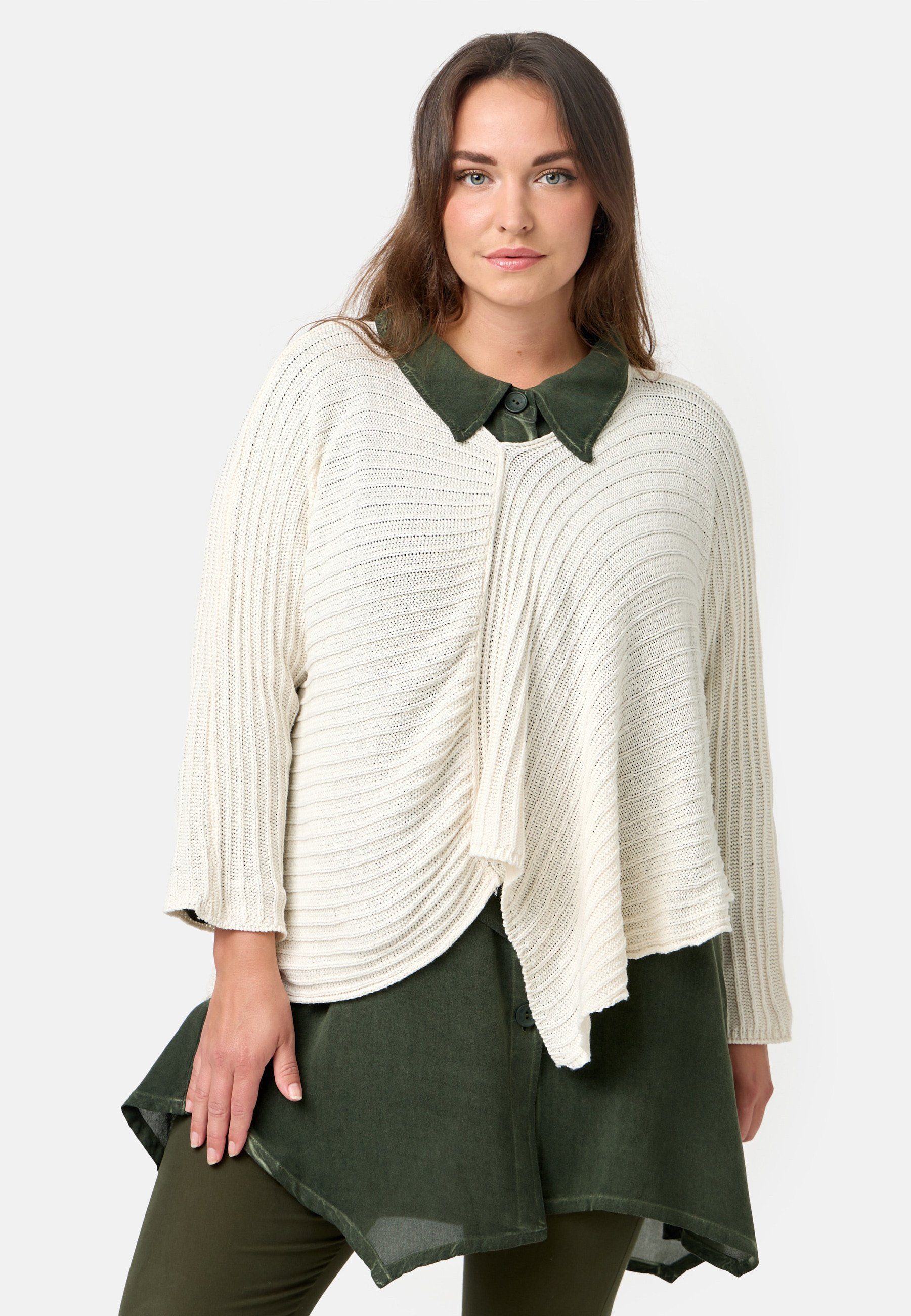 Kekoo Strickpullover Strickshirt im asymmetrischem Stil aus 100% Baumwolle 'Pure' Creme