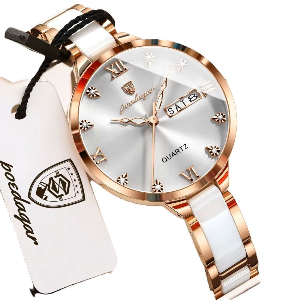 POEDAGAR Quarzuhr Poedagar Damenuhr Keramik Rosegold Weiß Bi-Color 506