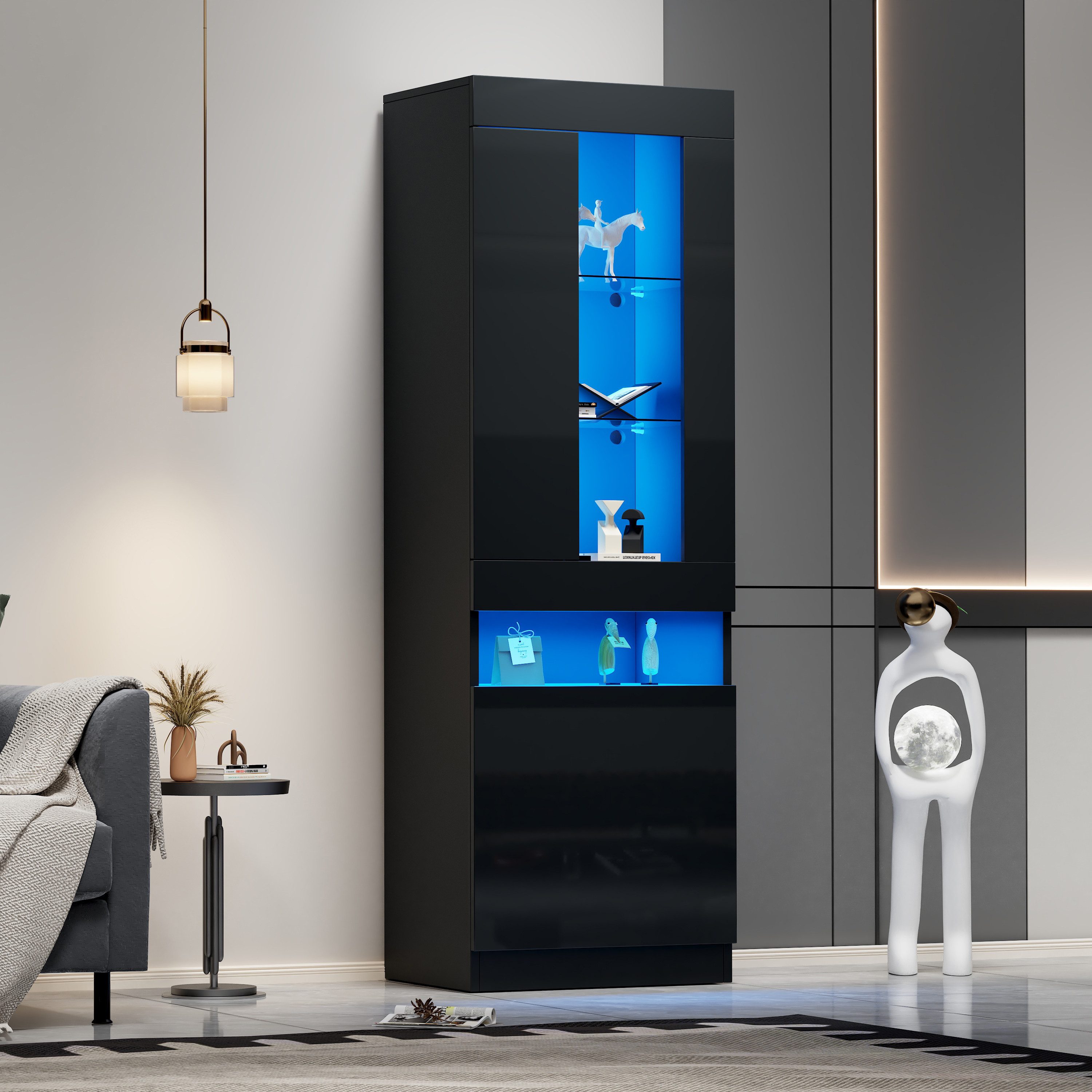 Odikalo Vitrine Vitrinenschrank Glasvitrinen Schrank mit LED (LED Vitrine Wohnzimmer Wohnwände LED Vitrinenschränke LED Schränke Buffet-Schrank)