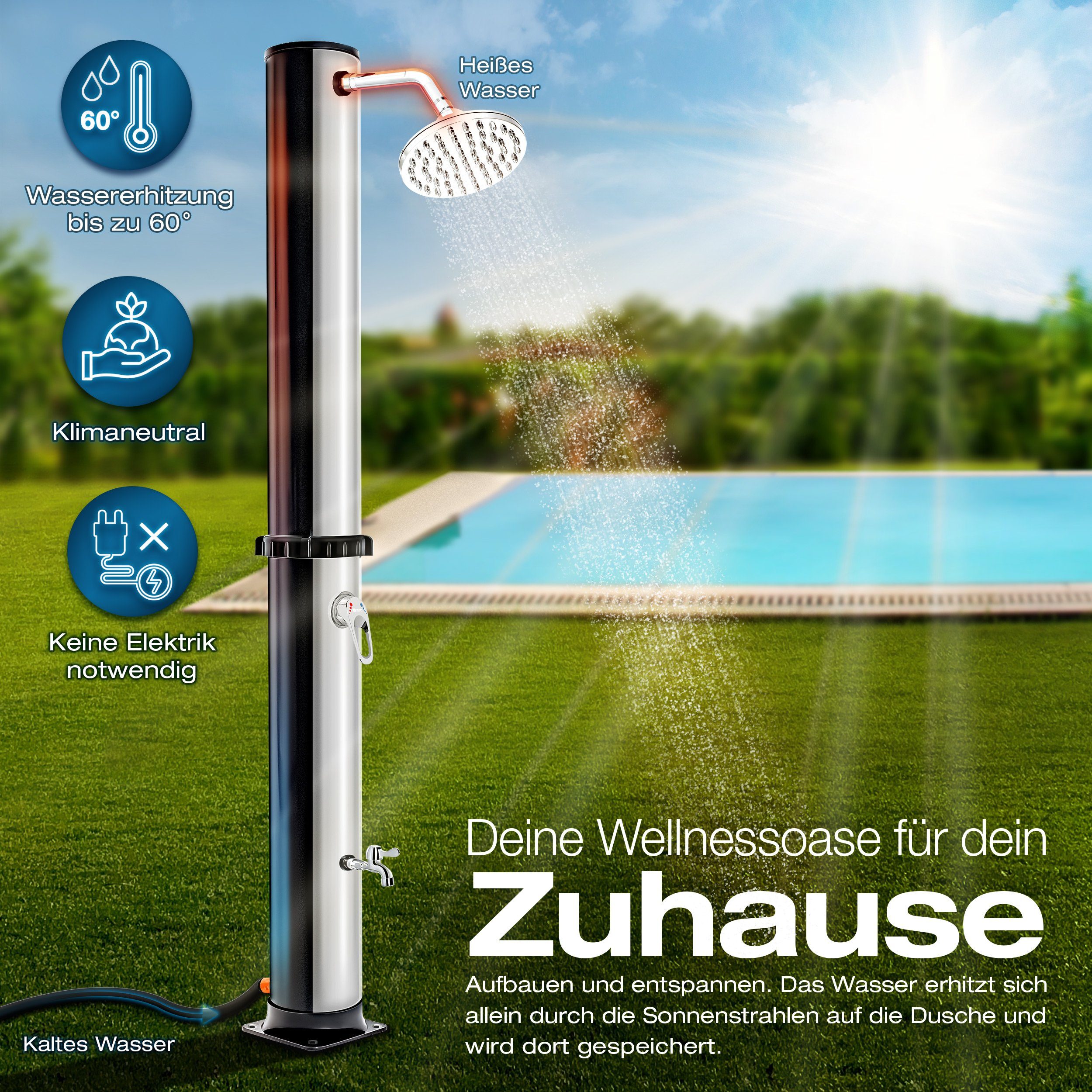 tillvex Solardusche Solar Gartendusche 20 Liter inklusive Schutzhaube Solar Garten-dusche, warmes Wasser, Pooldusche Camping, ohne Stromanschluss