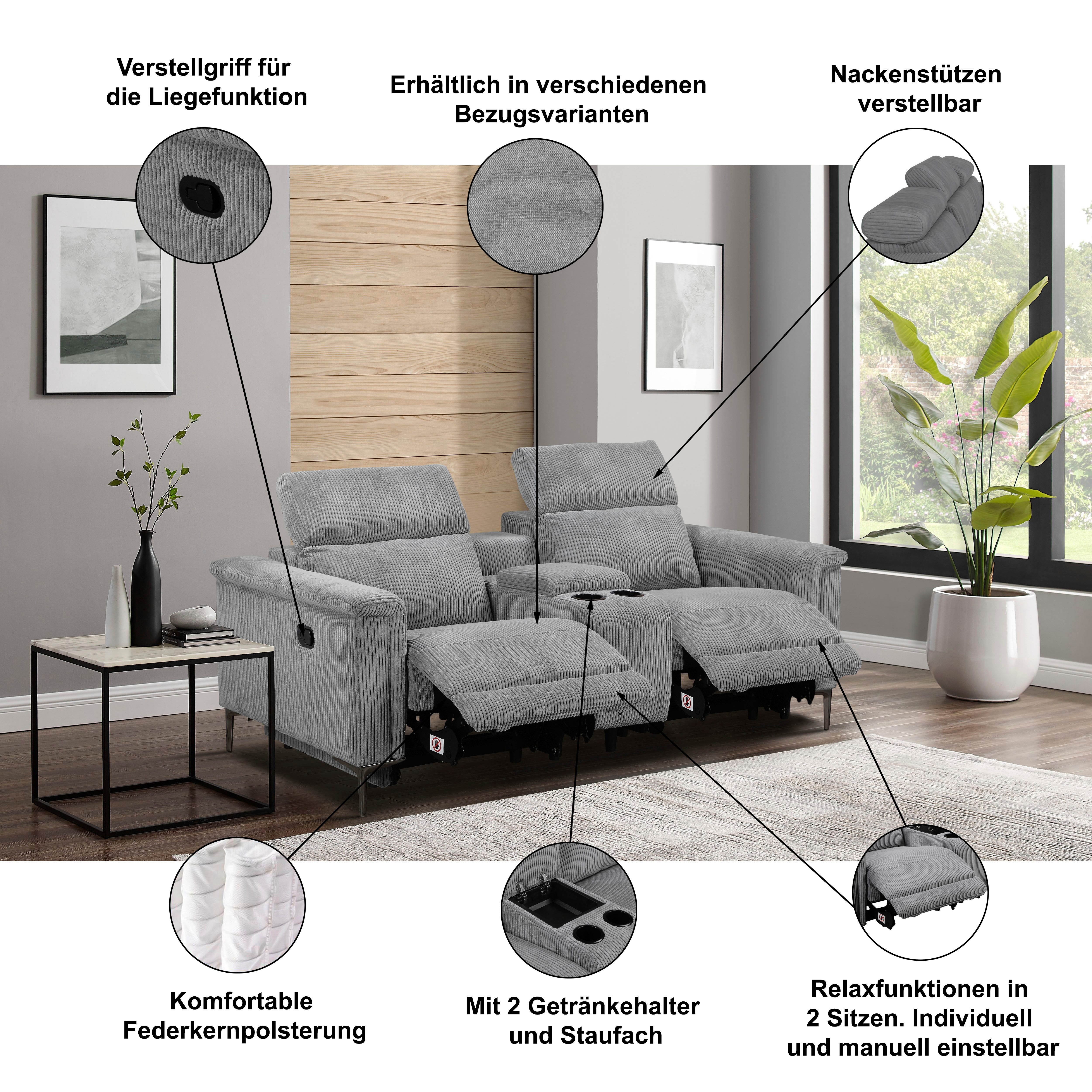 OTTO home 2-Sitzer LUND, Kinosofa, Relaxfunktion, TV-Sessel, manuell/elektrisch (USB-A), Kopfteilverstellung, Getränkachhalter, u. Staufach