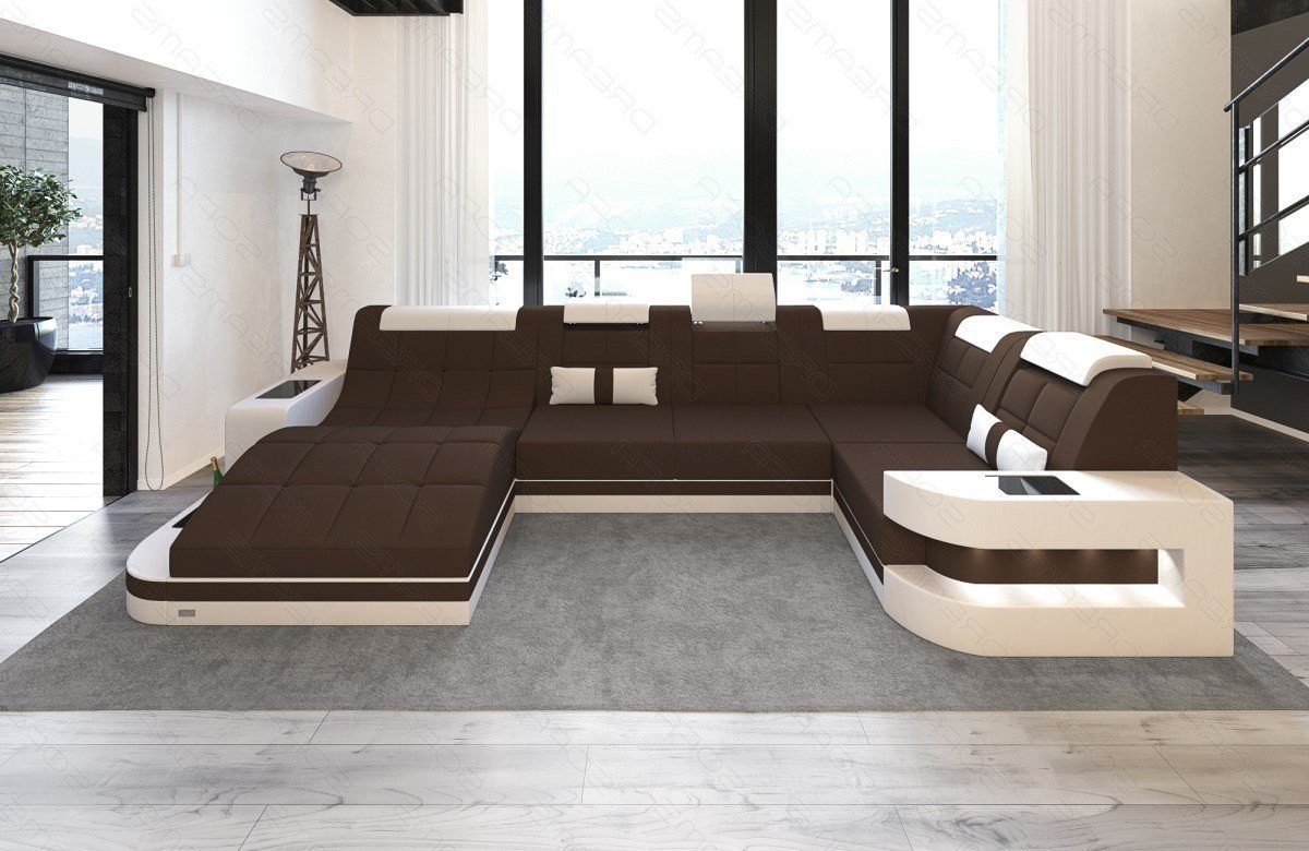 Sofa Dreams dunkelbraun-weiß Form Couch mit Stoff, Wohnlandschaft M Stoffsofa Polstersofa wahlweise Bettfunktion Mikrofaser Wave U