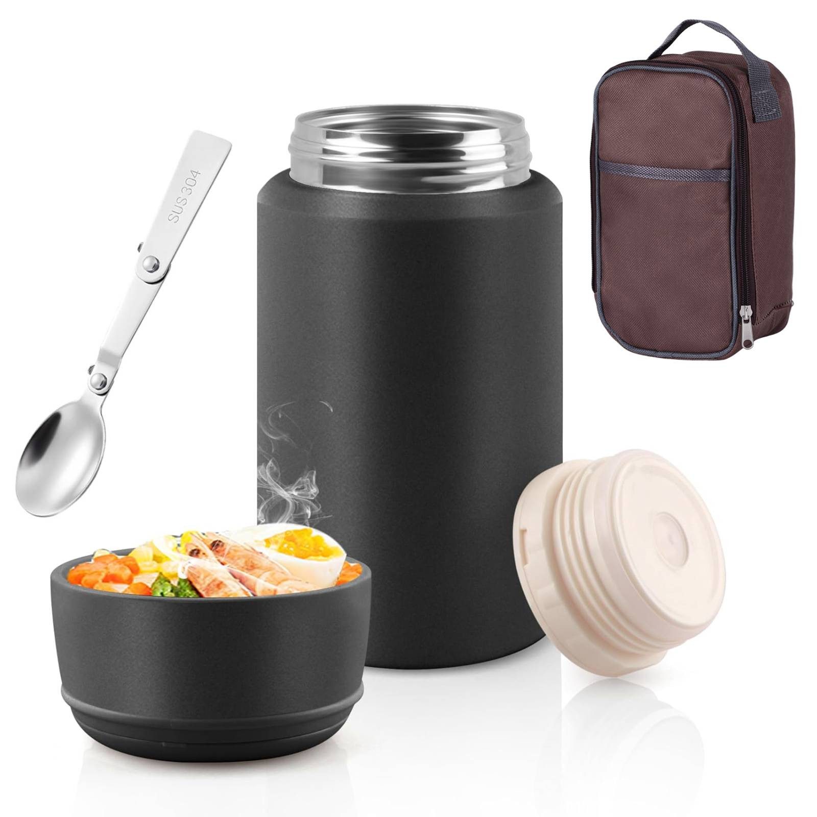 BlingBin Термоконтейнеры 800ML Edelstahl Warmhaltebehälter Essen mit Löffel und Deckel, Rostfreier Stahl 316, (Maße der Tragetasche: 23 × 12 × 11 cm, Geeignet für: 800–1000 ml Fassungsvermögen, 1-tlg., Fassungsvermögen: 800 ml, Maße der Thermoskanne: 9,5 × 9,5 × 19 cm), Thermobox mit Aufbewahrungstasche für Gefrierschrank, Spülmaschine