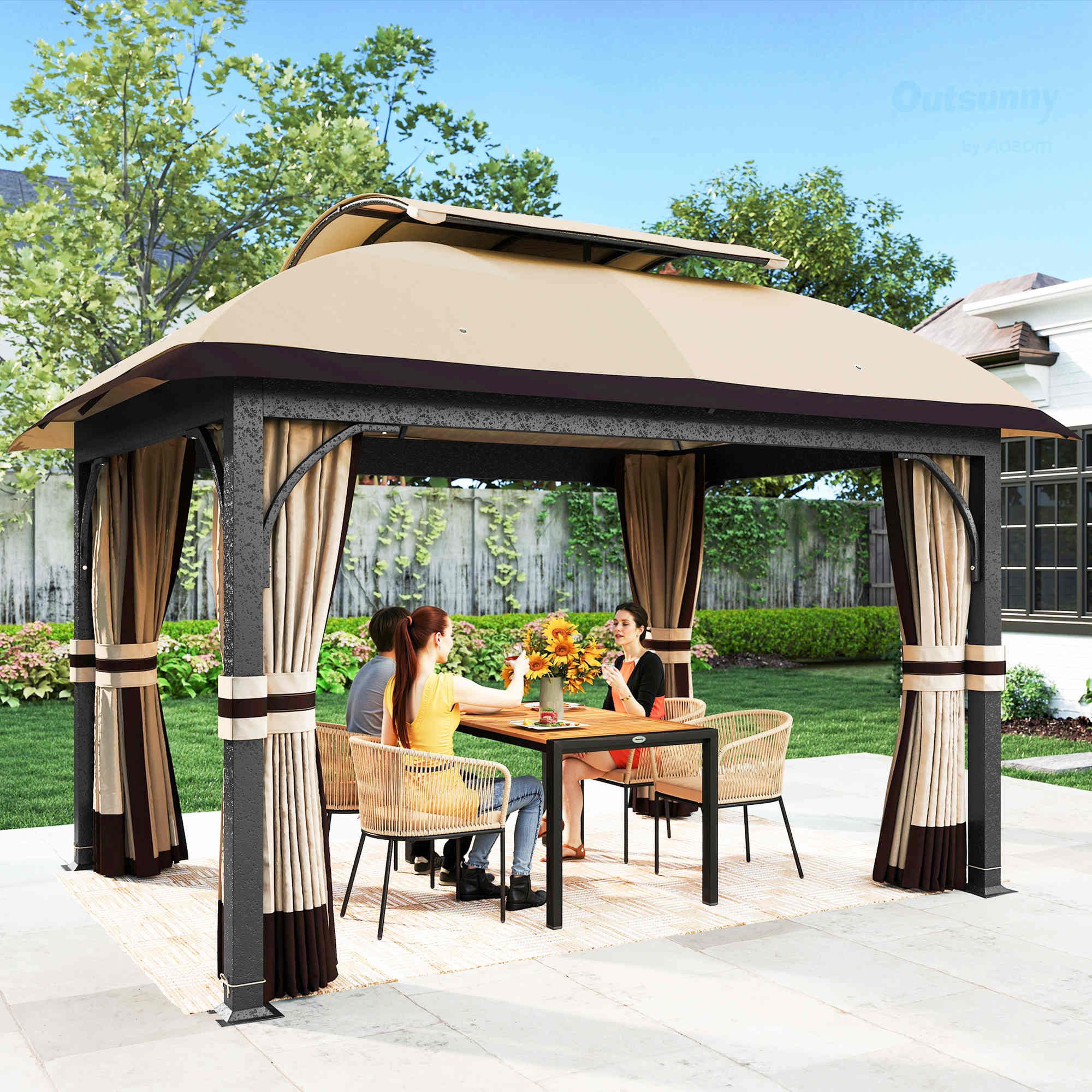 Outsunny Pavillon mit Doppeldach, Moskitonetz, Seitenteile, mit 4 Seitenteilen, (Gartenpavillon, Garten-Pavillon), für Garten, Terrasse, Khaki