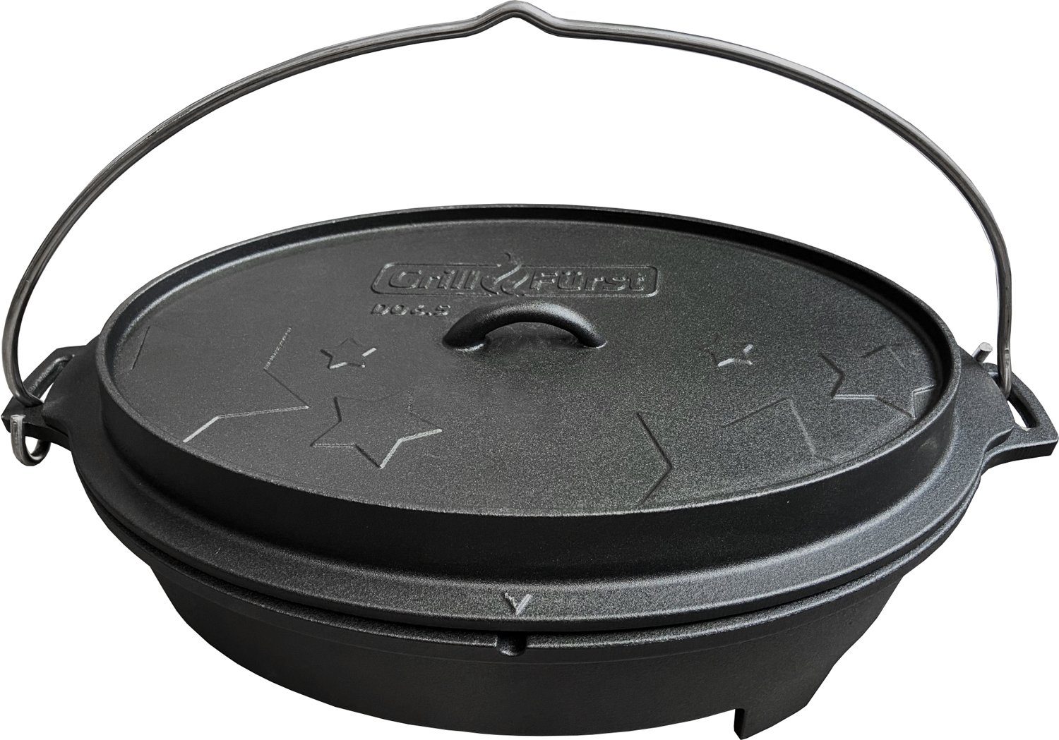 Grillfürst Feuertopf Feuertopf Dutch Oven BBQ Gusseisentopf mit Henkel 6,4 L, Gusseisen (1 Stück), inkl. Kabeldurchführung für Grillthermometer