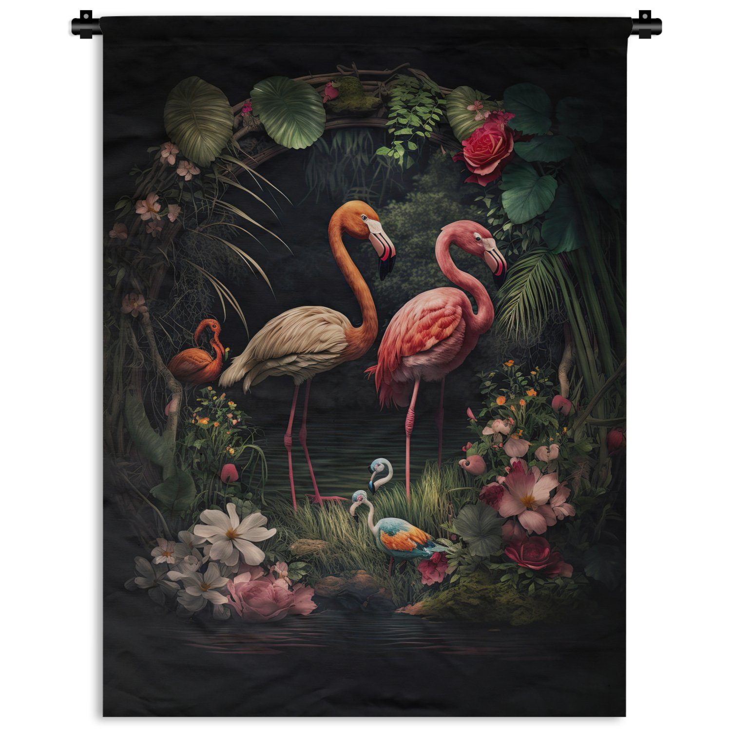 MuchoWow Wanddekoobjekt Flamingo - Blumen - der Wand, - Pflanzen Rosa, - Schlafzimmer Dschungel Tapisserie, Deko Wohnzimmer, für an