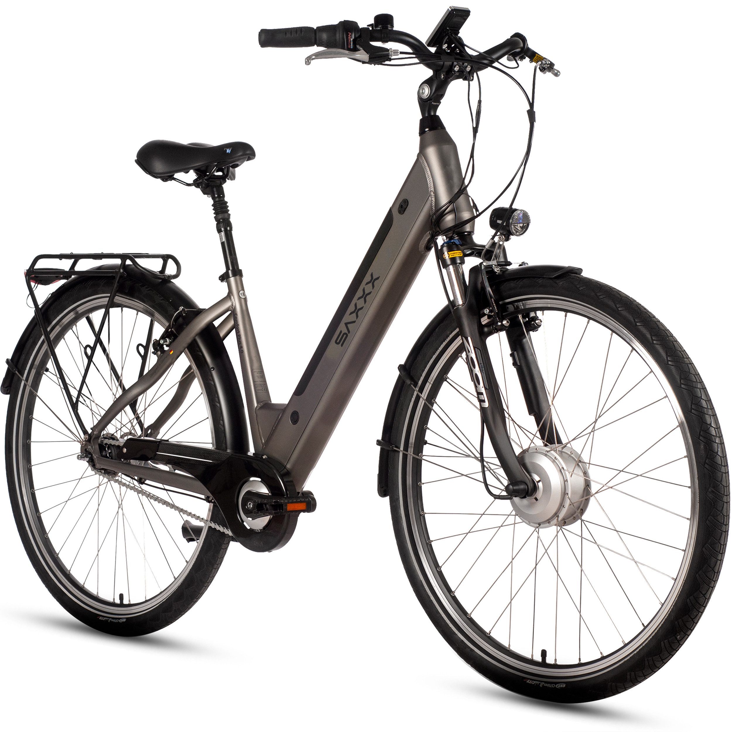 SAXXX E-Bike Cityrad 28'' für Damen Herren, Classic, 418Wh, 100km, Federsattelstütze, 7 Gang SHIMANO NEXUS Schaltwerk, Nabenschaltung, Frontmotor, 418 Wh, (V-Bremse, Lockout-Federgabel, 5 Stufen), Pedelec, E-Citybike mit Tiefeinstieg, RH: 45 cm, bis 130kg
