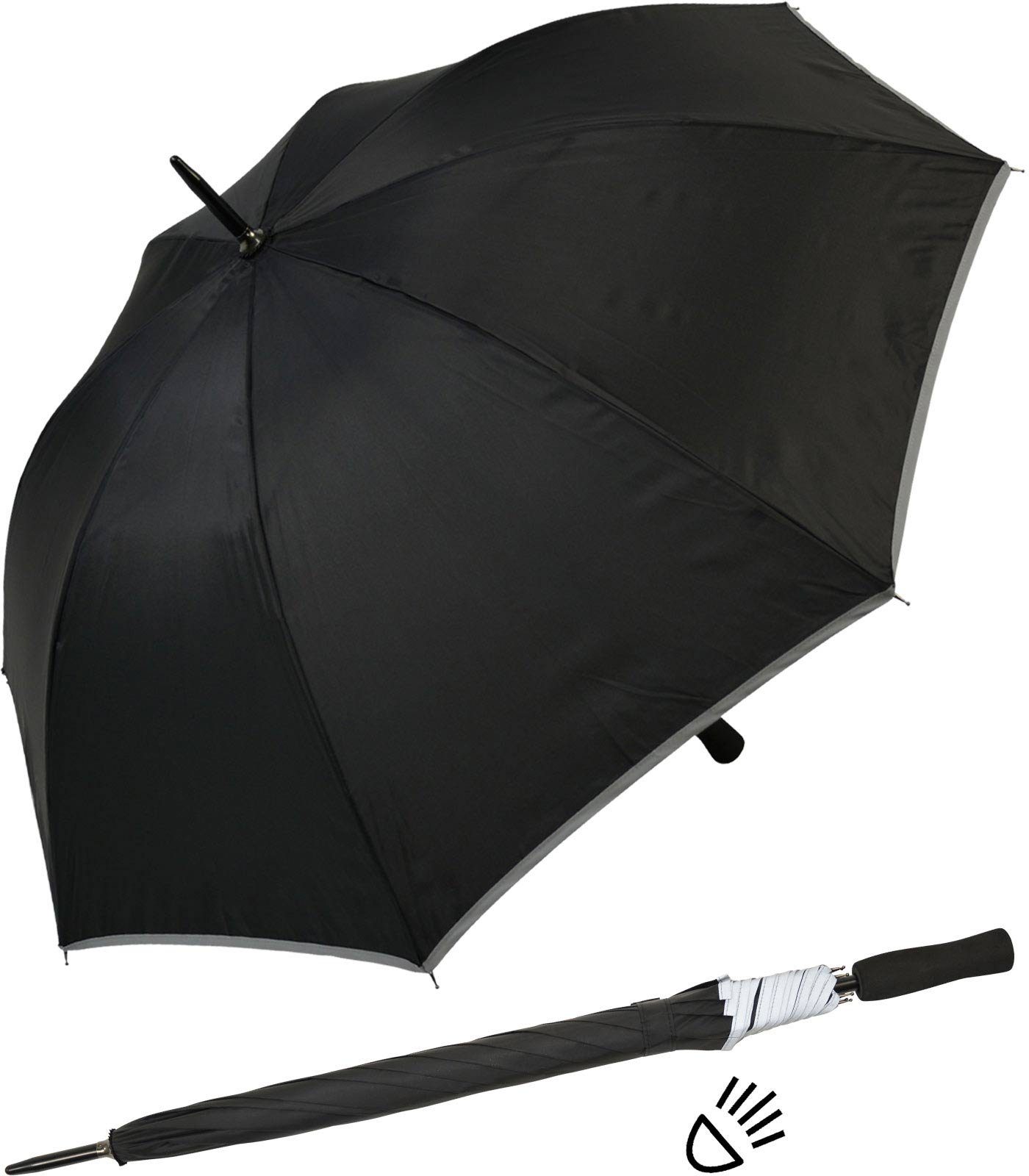 Stockregenschirm Falcone® leichter reflektierende reflex schwarz Impliva Fiberglas Borte, Reflex Sicherheitsschirm