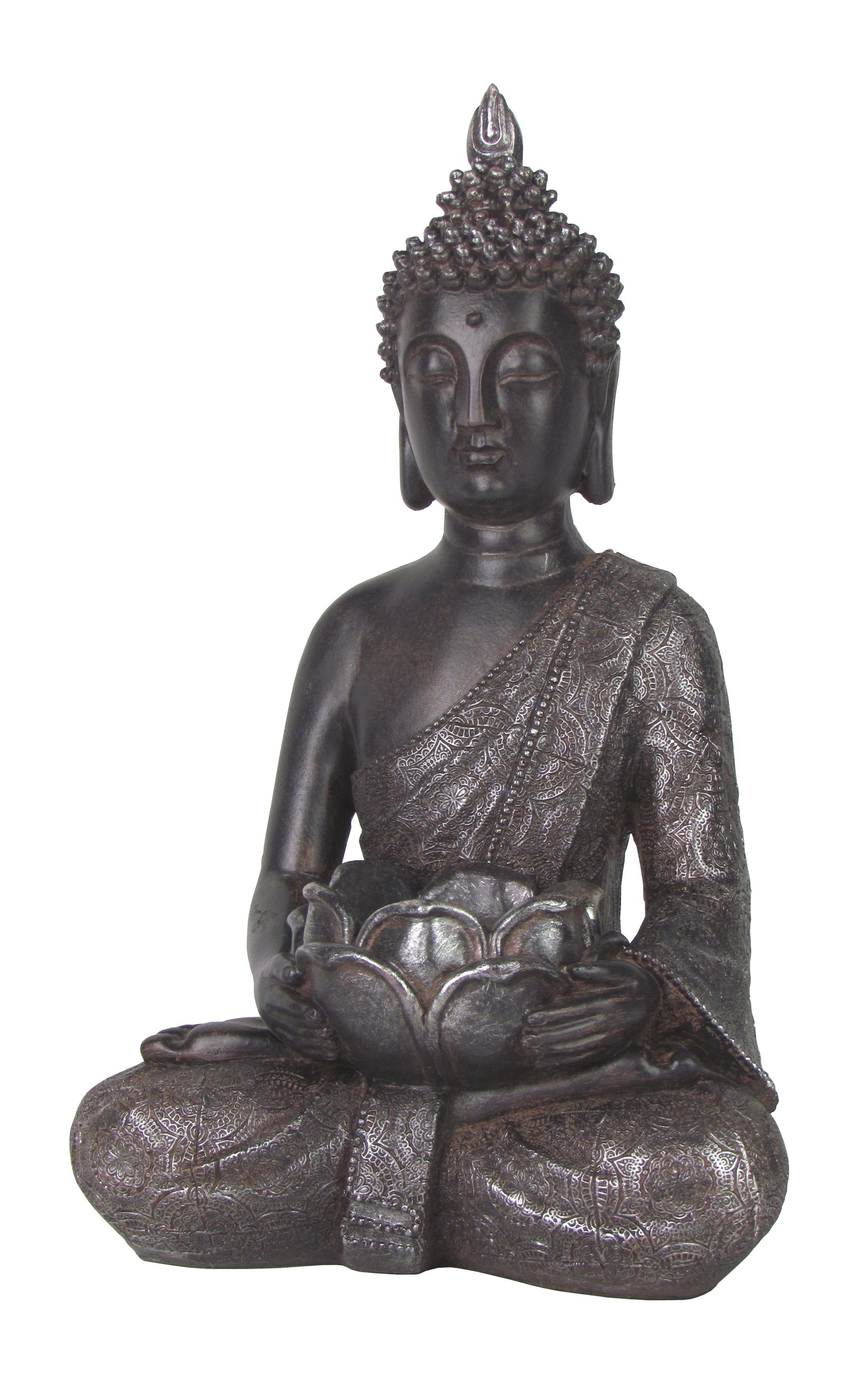 Mel-O-Design Dekofigur Dekorative Buddha Skulptur, Auswahl zwei zur verschiedene Silber-Braun Motive