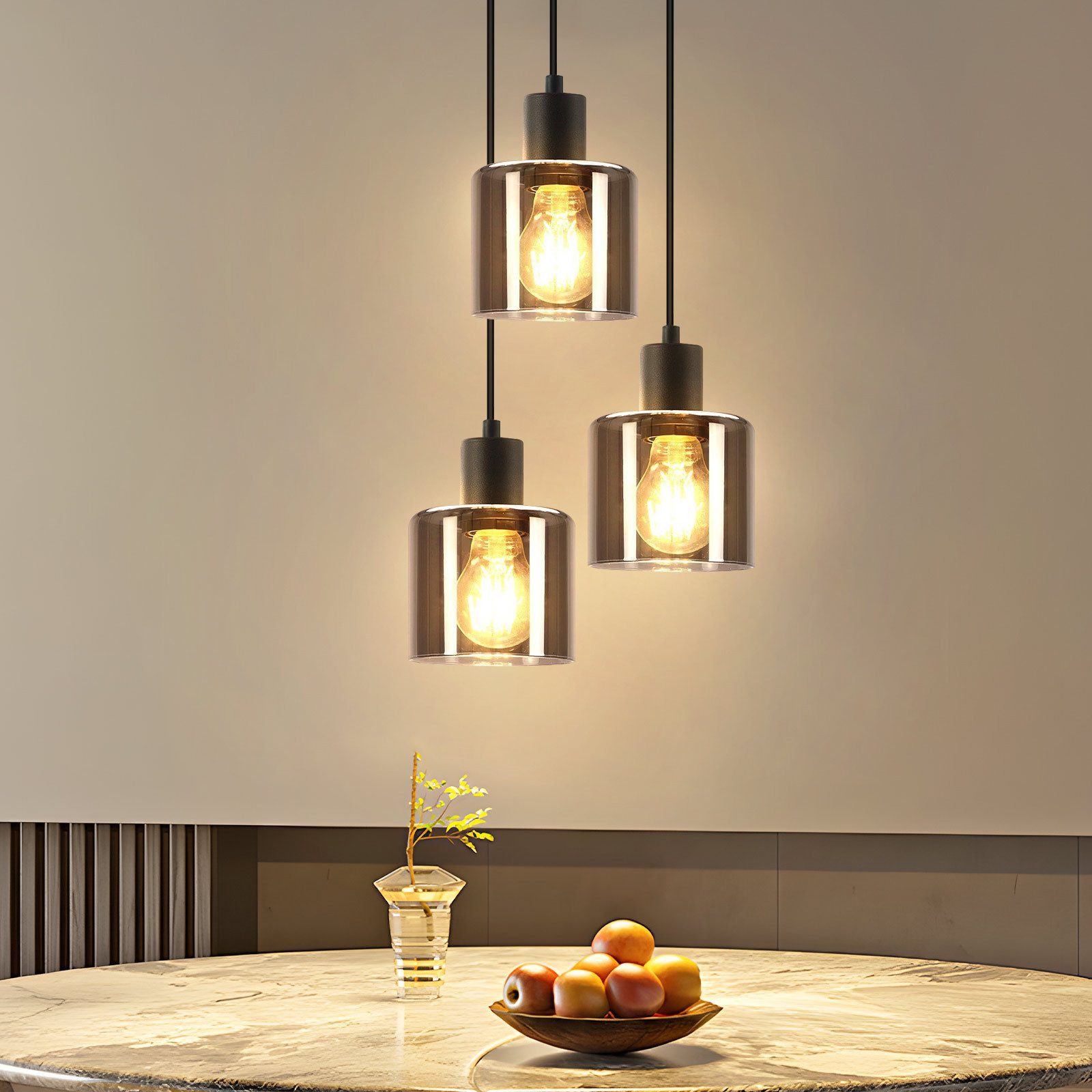 Nettlife Pendelleuchte Esszimmer Glas Vintage 3 flammig E27 Schwarz Retro Pendellampe, LED wechselbar, für Esstischen, Kücheninseln, Theken oder Bars