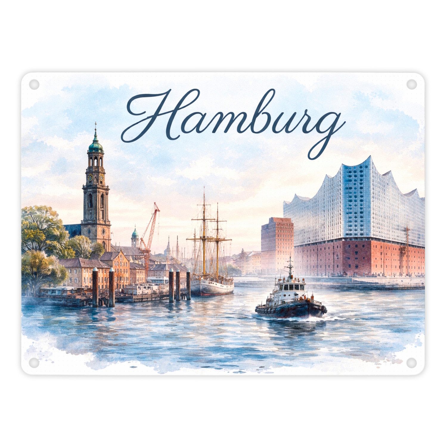 speecheese Metallschild Hamburg Stadt Hafenszene Metallschild in 15x20 cm mit Schriftzug