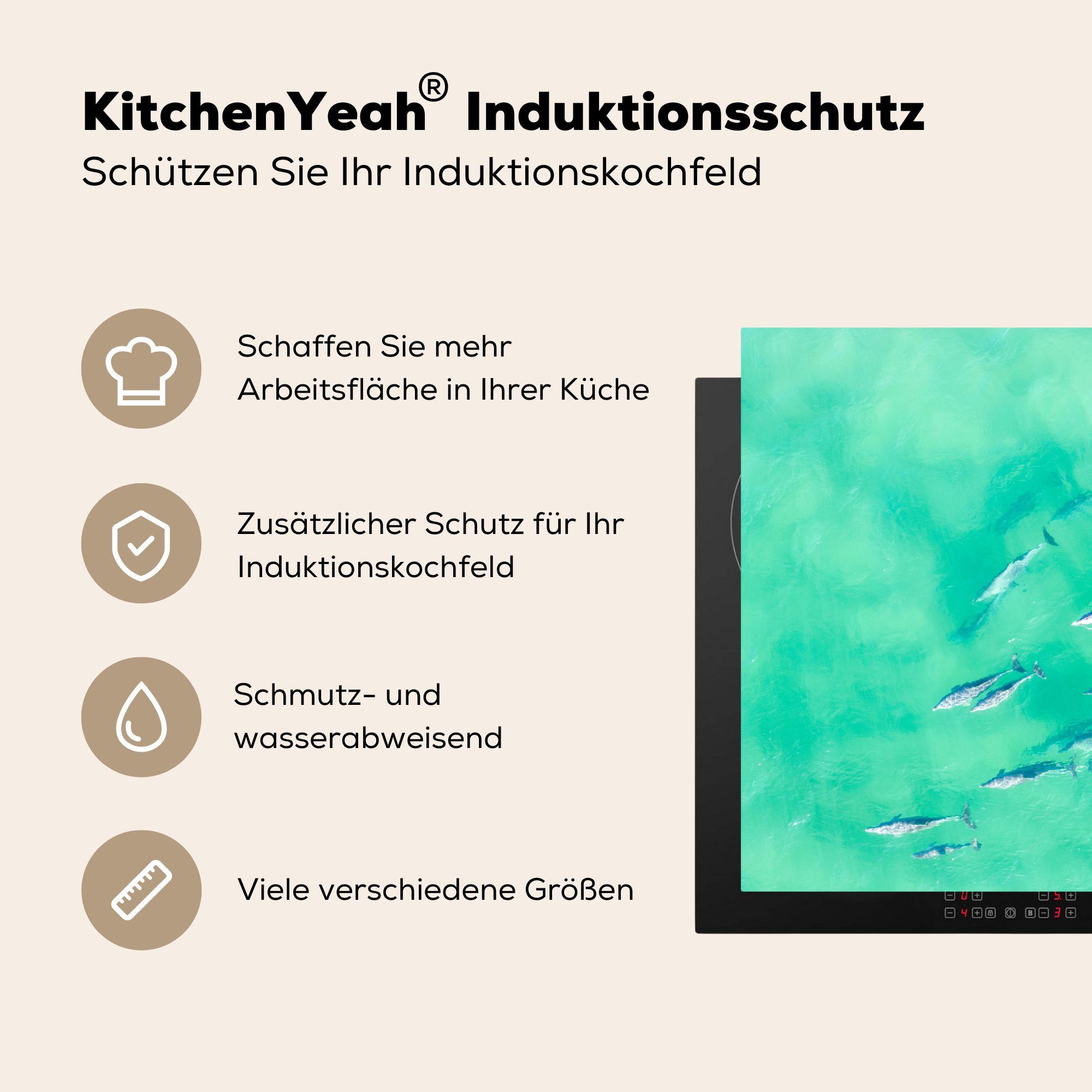 MuchoWow küche, die Surfbrett cm, Herdblende-/Abdeckplatte für Induktionskochfeld - - Wasser, Vinyl, Schutz Ceranfeldabdeckung (1 tlg), Delphin 81x52